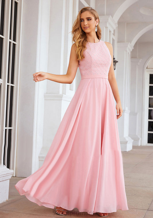 A-line Scalloped Neck Sleeveless Chiffon Long/Floor-Length Bridesmaid Dresses With Beading Greta DHP0025393