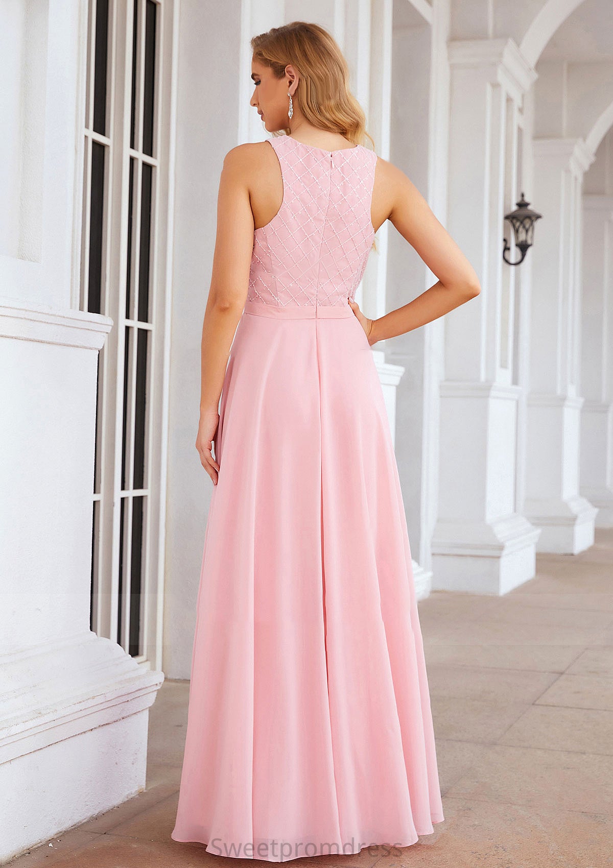 A-line Scalloped Neck Sleeveless Chiffon Long/Floor-Length Bridesmaid Dresses With Beading Greta DHP0025393