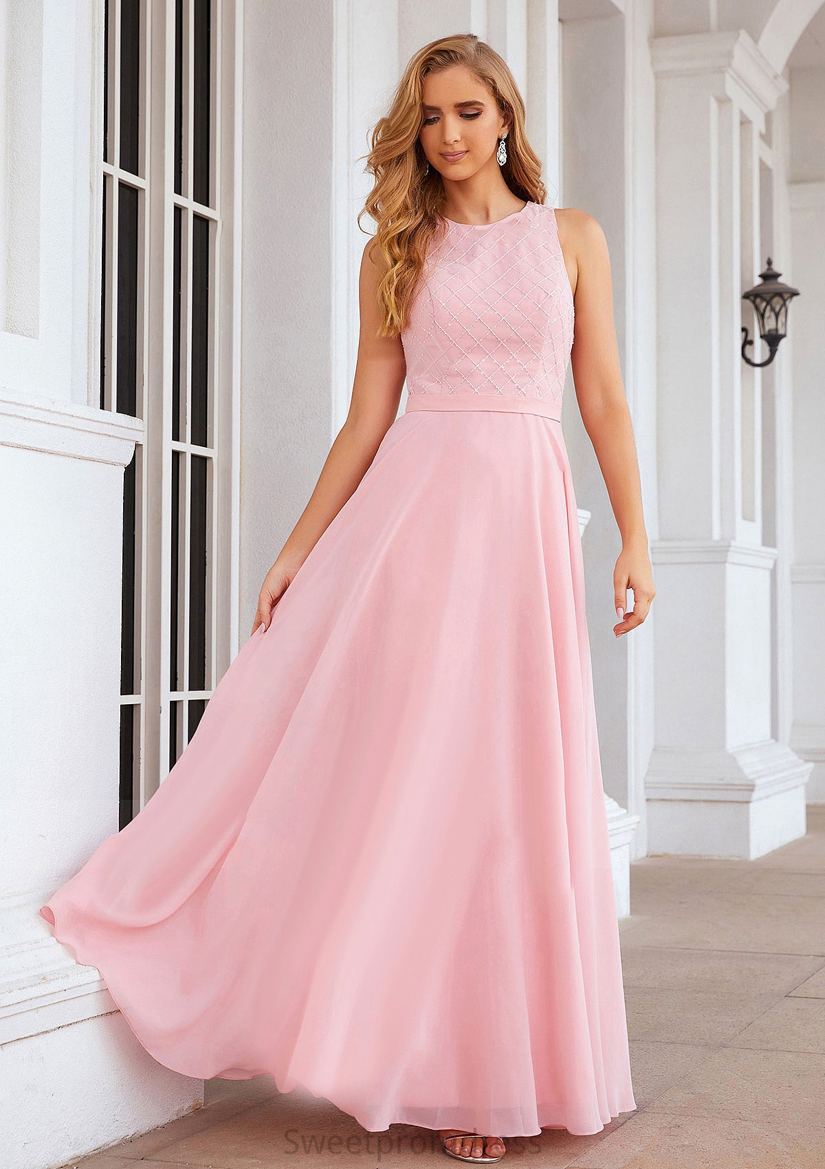 A-line Scalloped Neck Sleeveless Chiffon Long/Floor-Length Bridesmaid Dresses With Beading Greta DHP0025393