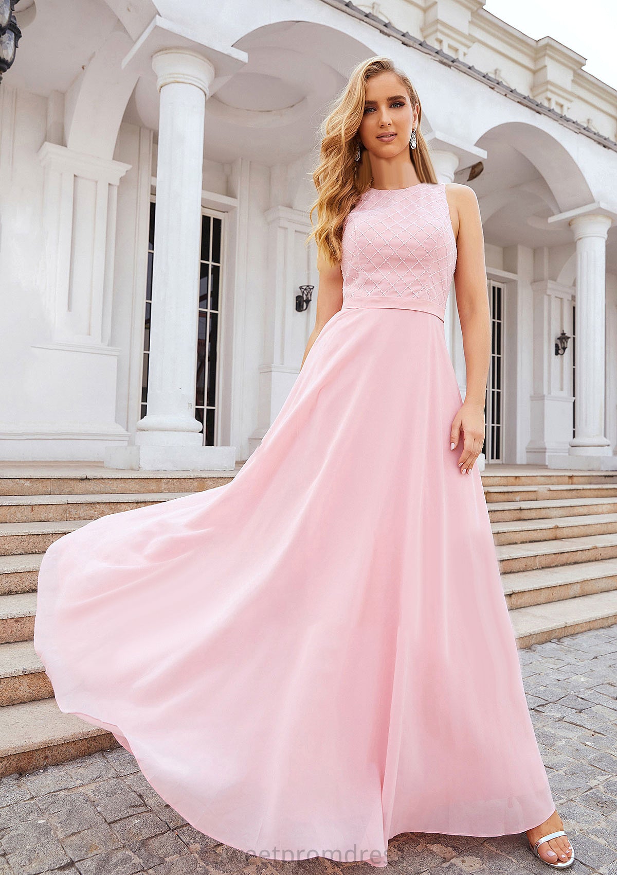 A-line Scalloped Neck Sleeveless Chiffon Long/Floor-Length Bridesmaid Dresses With Beading Greta DHP0025393