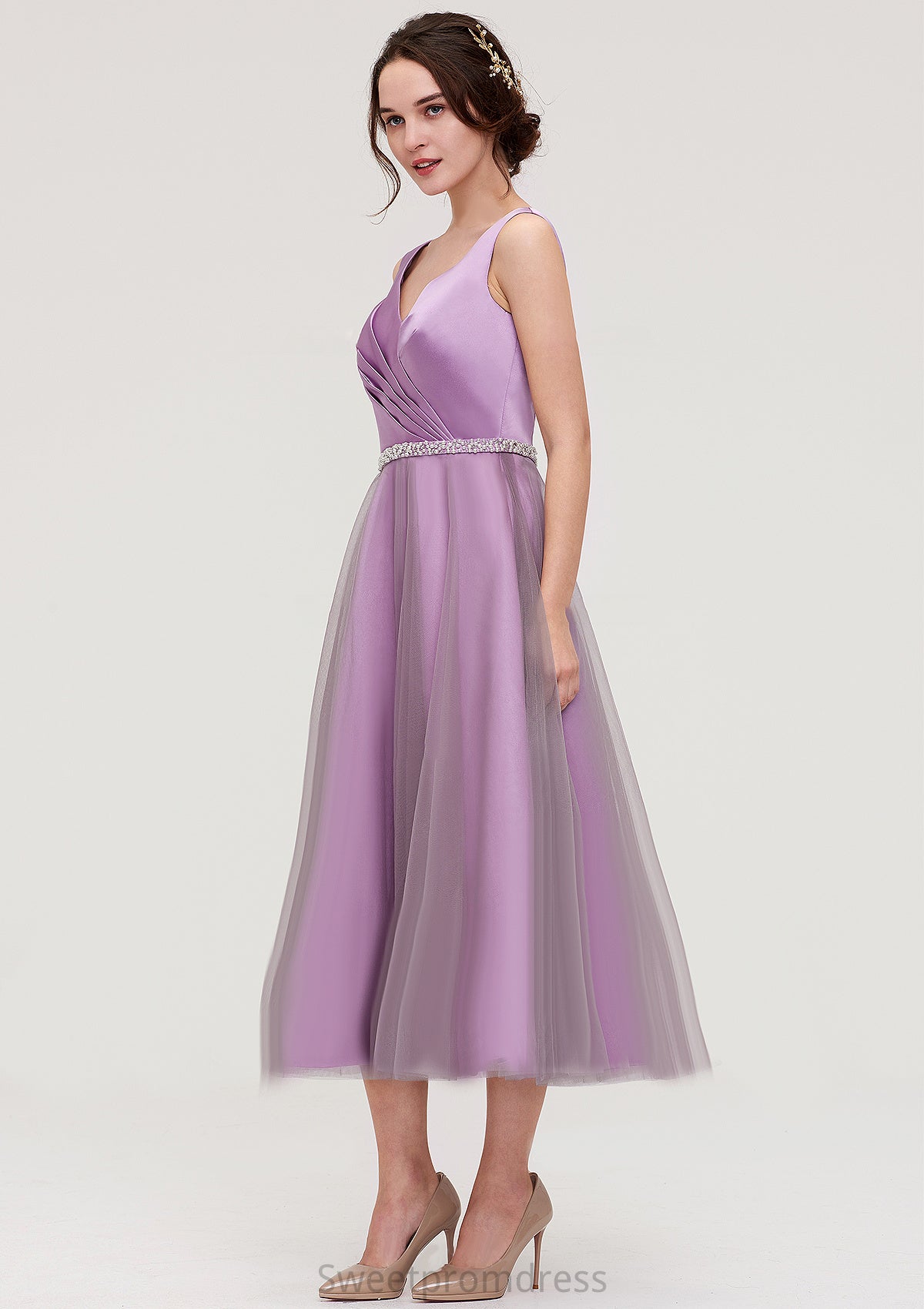 V Neck Sleeveless Tulle Tea-Length A-line/Princess Bridesmaid Dresses With Waistband Beading Pleated Olivia DHP0025395