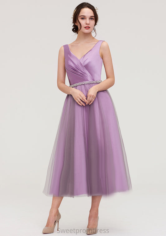 V Neck Sleeveless Tulle Tea-Length A-line/Princess Bridesmaid Dresses With Waistband Beading Pleated Olivia DHP0025395