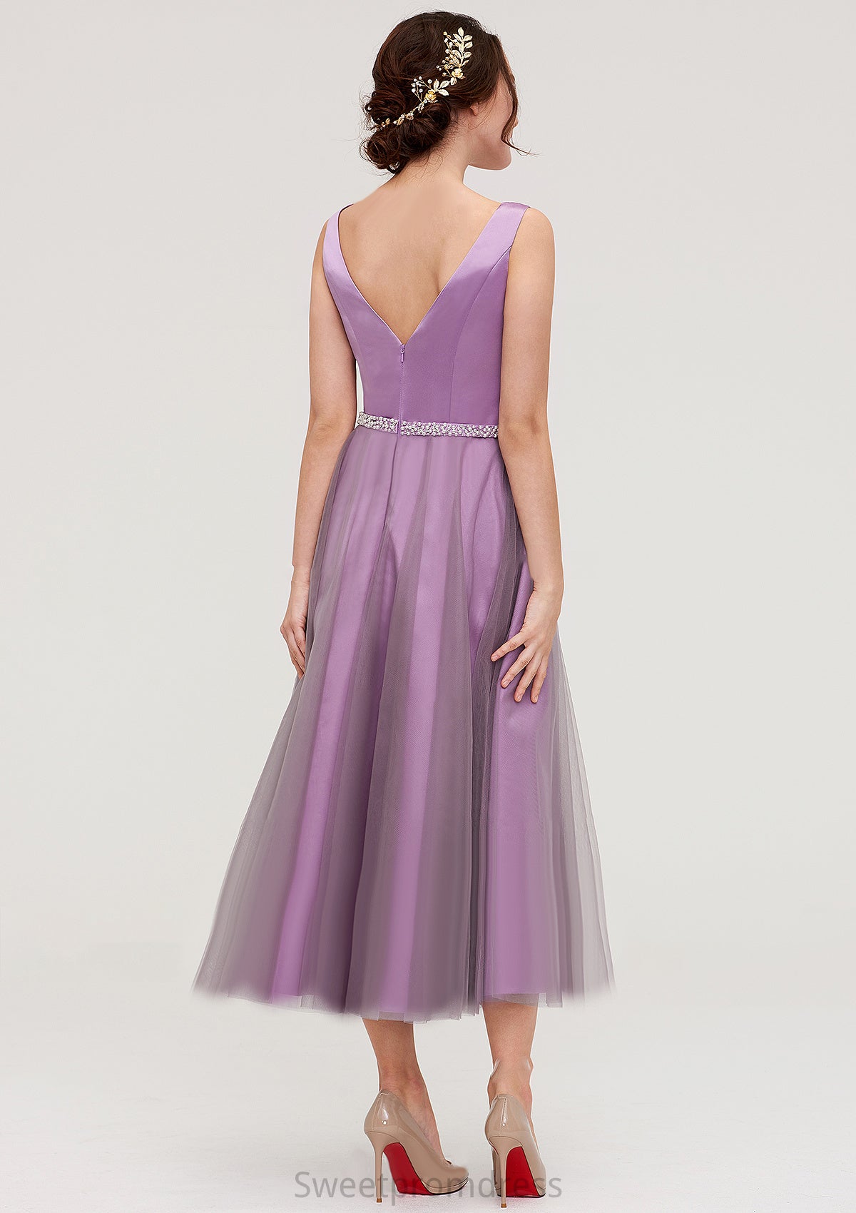 V Neck Sleeveless Tulle Tea-Length A-line/Princess Bridesmaid Dresses With Waistband Beading Pleated Olivia DHP0025395