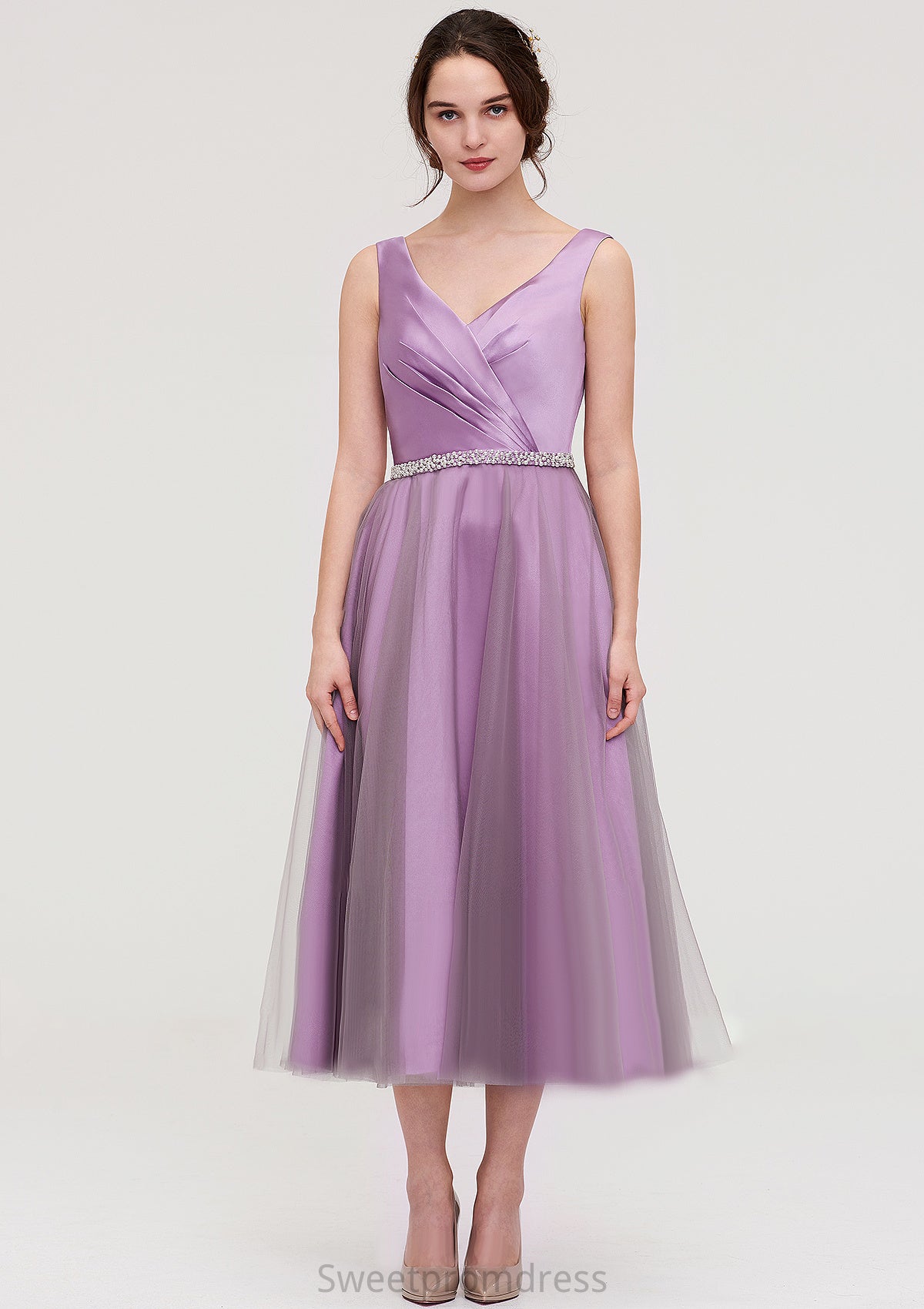 V Neck Sleeveless Tulle Tea-Length A-line/Princess Bridesmaid Dresses With Waistband Beading Pleated Olivia DHP0025395