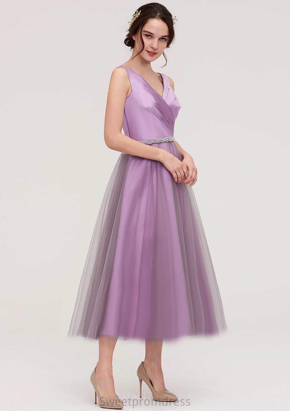 V Neck Sleeveless Tulle Tea-Length A-line/Princess Bridesmaid Dresses With Waistband Beading Pleated Olivia DHP0025395