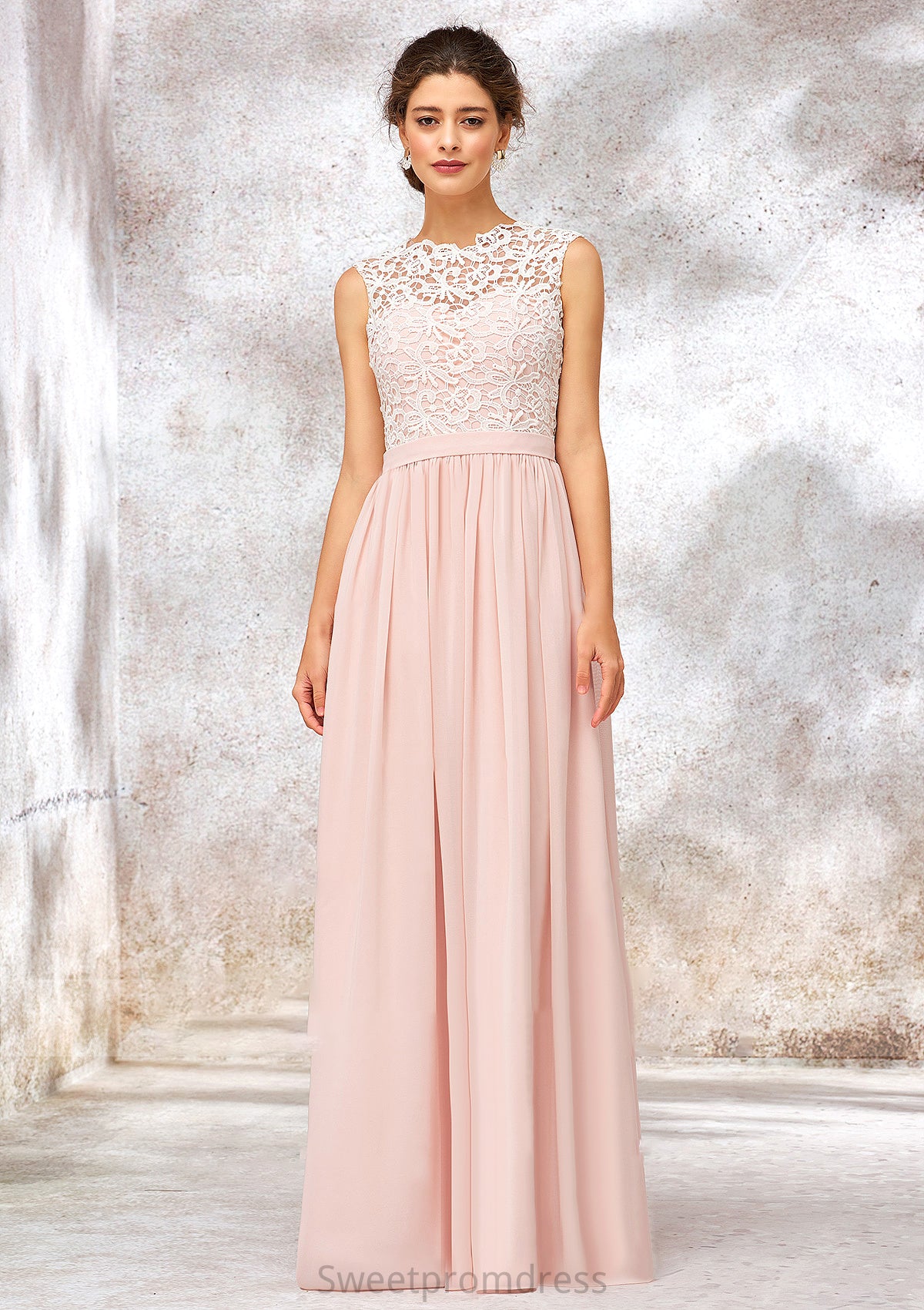 Scoop Neck Sleeveless Long/Floor-Length Chiffon A-line/Princess Bridesmaid Dresses With Lace Brooklynn DHP0025398