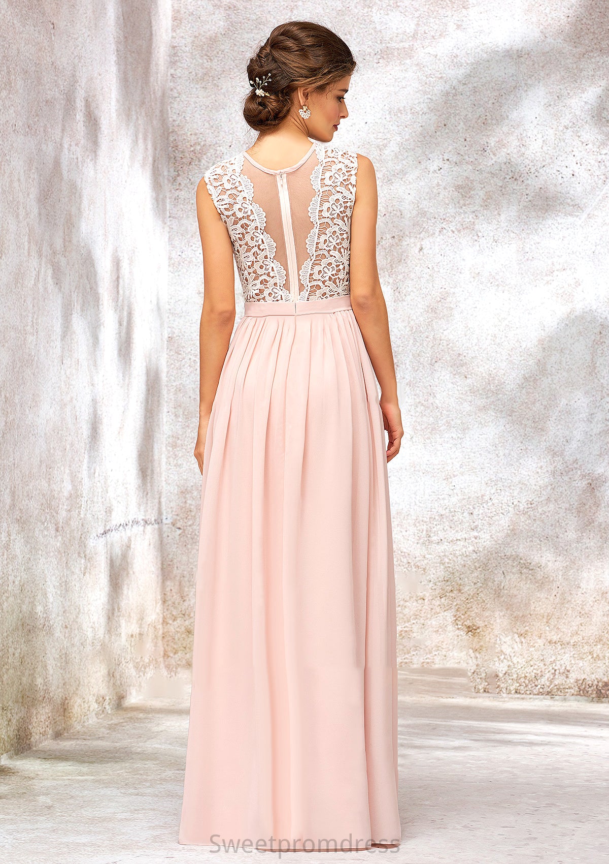 Scoop Neck Sleeveless Long/Floor-Length Chiffon A-line/Princess Bridesmaid Dresses With Lace Brooklynn DHP0025398