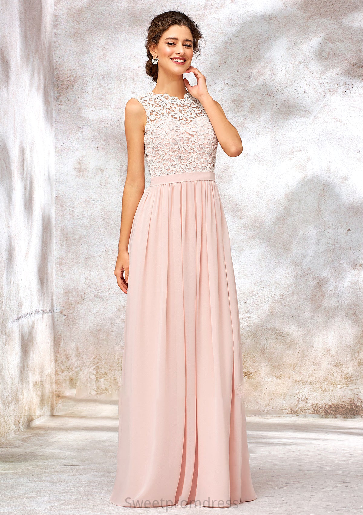 Scoop Neck Sleeveless Long/Floor-Length Chiffon A-line/Princess Bridesmaid Dresses With Lace Brooklynn DHP0025398