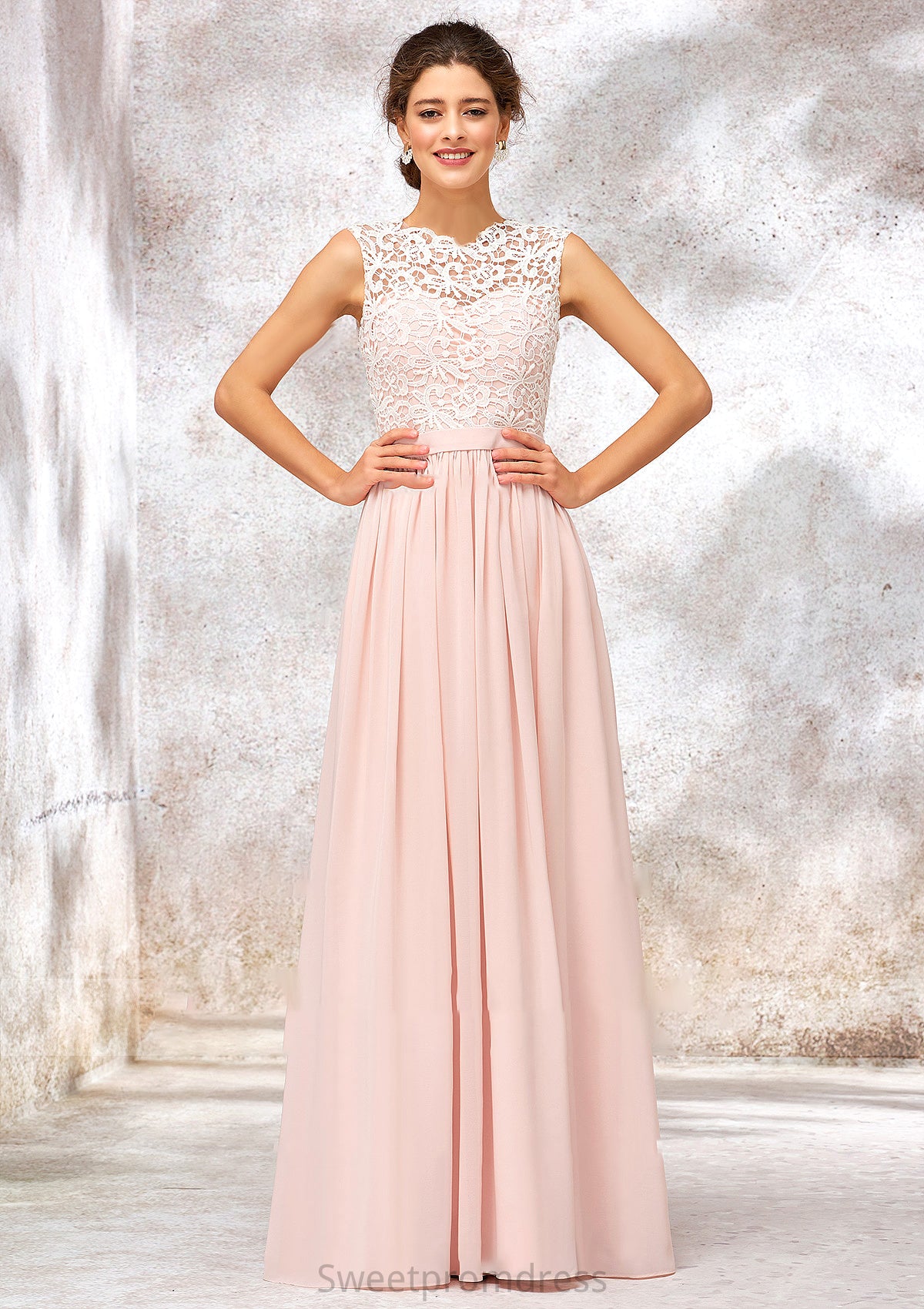 Scoop Neck Sleeveless Long/Floor-Length Chiffon A-line/Princess Bridesmaid Dresses With Lace Brooklynn DHP0025398