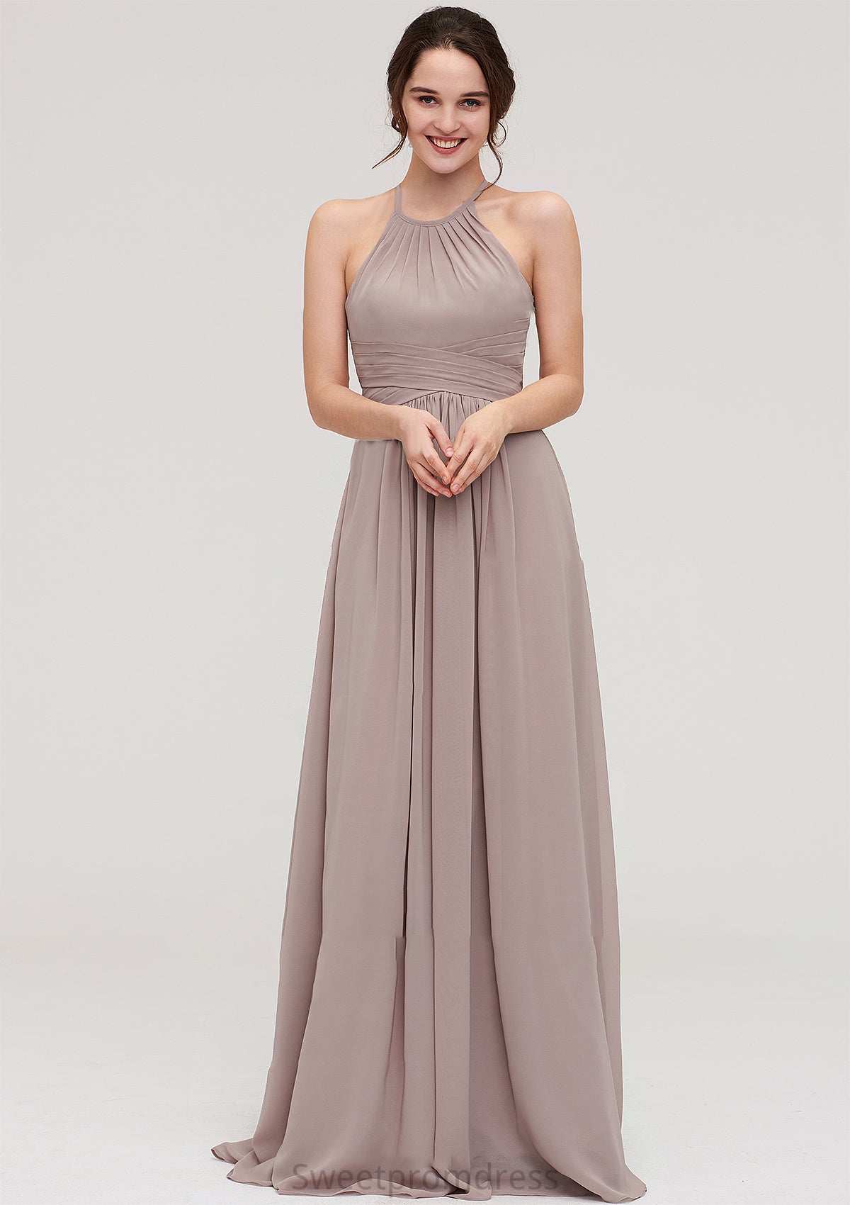 Scoop Neck Sleeveless A-line/Princess Chiffon Long/Floor-Length Bridesmaid Dresseses With Pleated Alexis DHP0025399