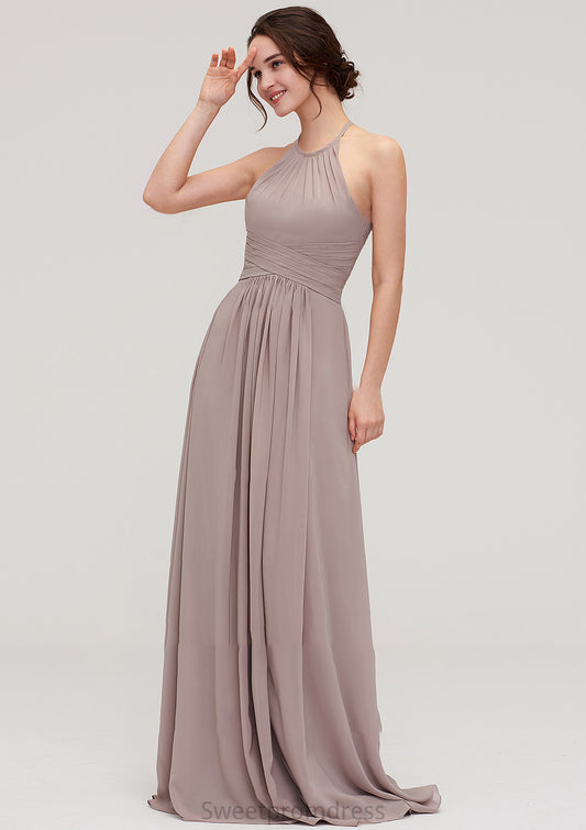 Scoop Neck Sleeveless A-line/Princess Chiffon Long/Floor-Length Bridesmaid Dresseses With Pleated Alexis DHP0025399