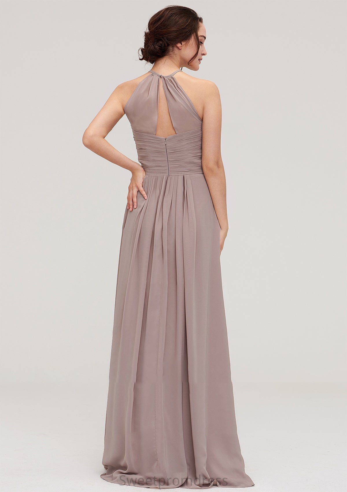 Scoop Neck Sleeveless A-line/Princess Chiffon Long/Floor-Length Bridesmaid Dresseses With Pleated Alexis DHP0025399