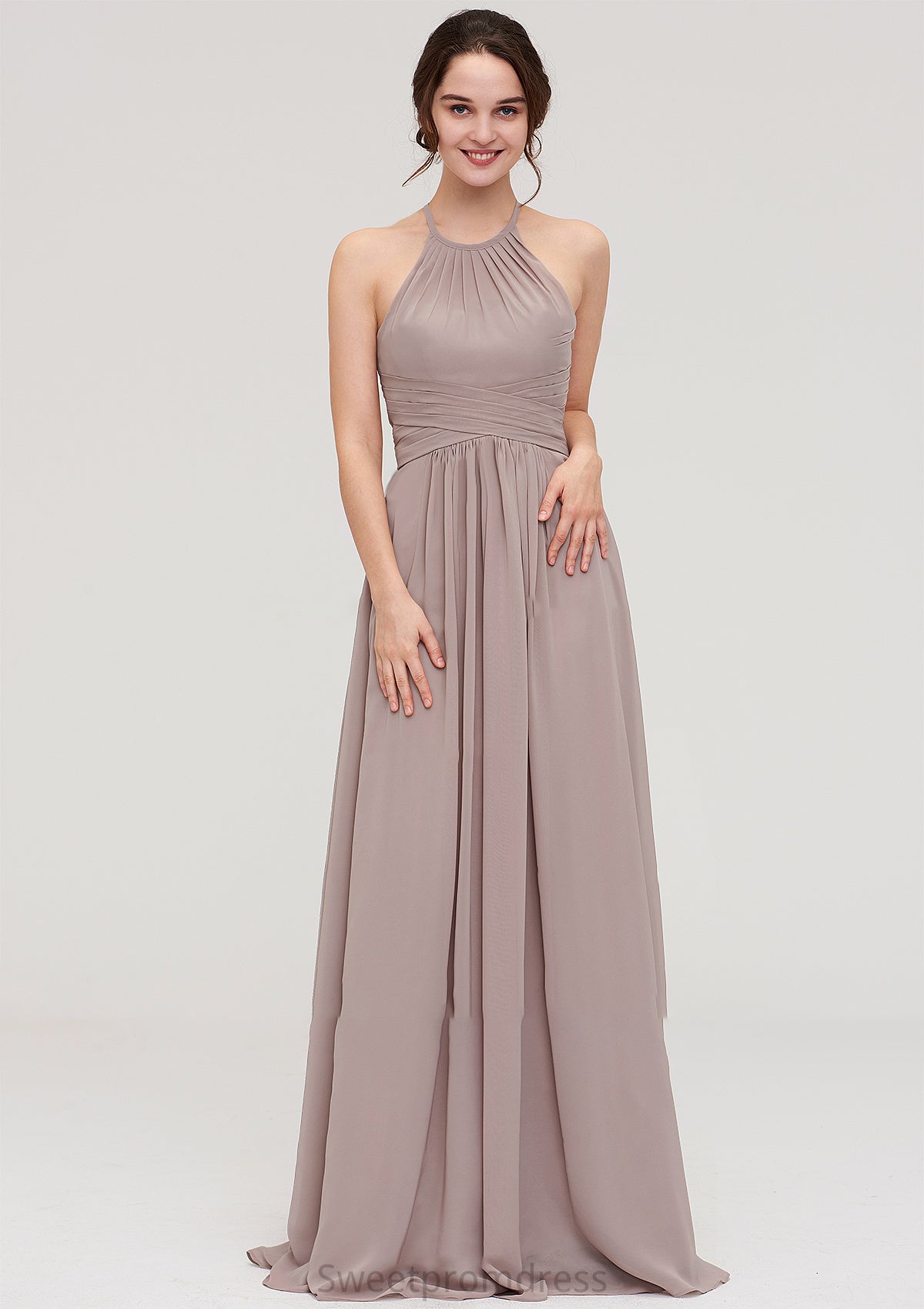 Scoop Neck Sleeveless A-line/Princess Chiffon Long/Floor-Length Bridesmaid Dresseses With Pleated Alexis DHP0025399