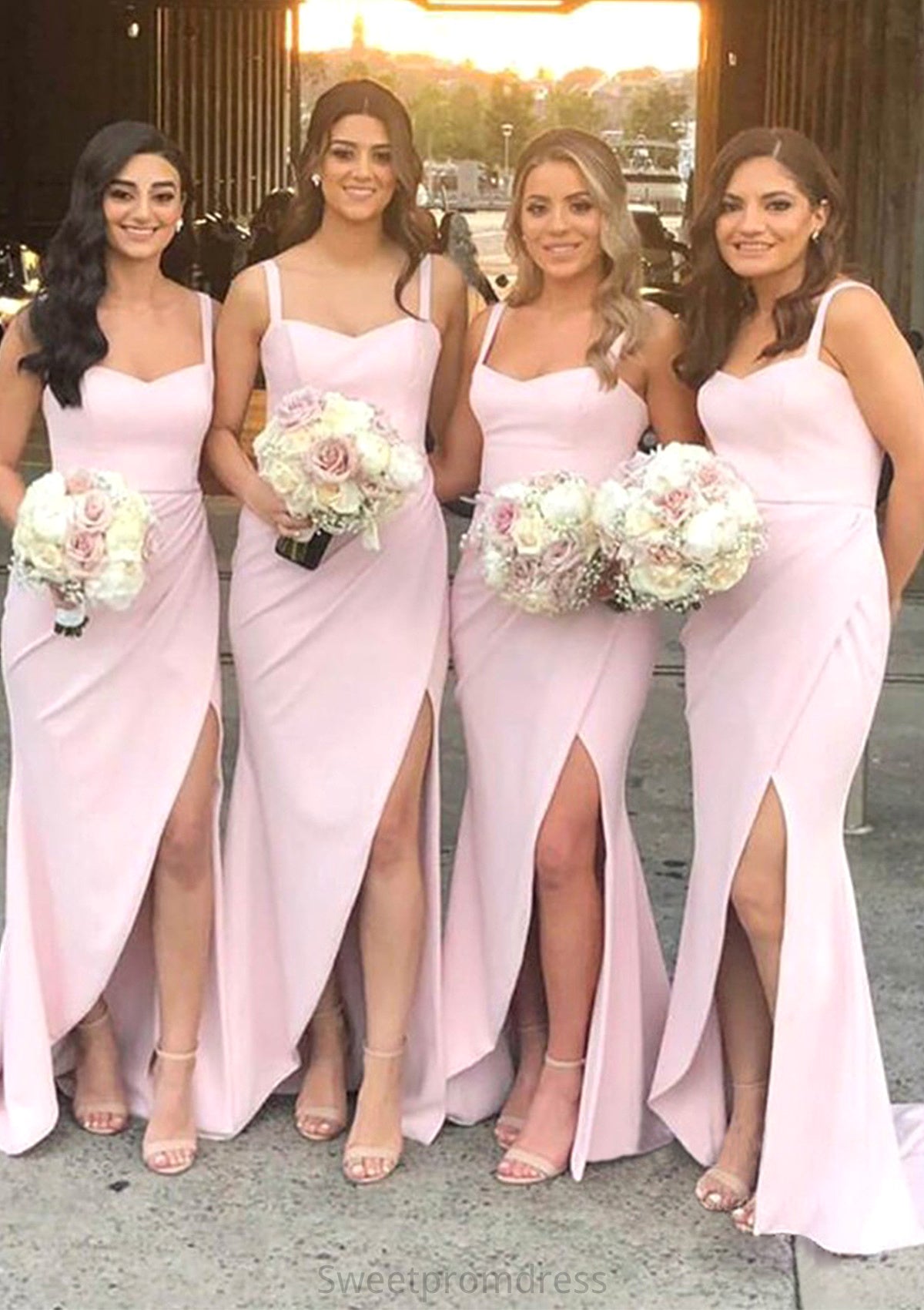 Sheath/Column Sweetheart Sleeveless Sweep Train Elastic Satin Bridesmaid Dresses With Pleated Split Kenley DHP0025400