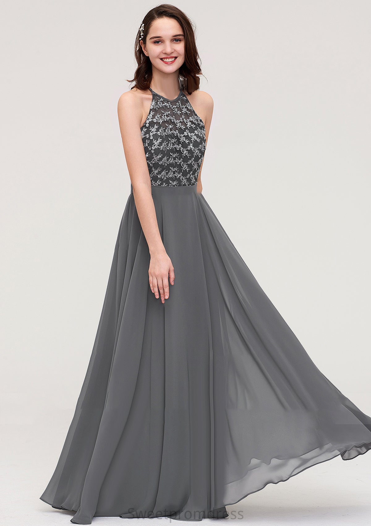 A-line/Princess Halter Long/Floor-Length Chiffon A-line/Princess Bridesmaid Dresses With Appliqued Brooklynn DHP0025402