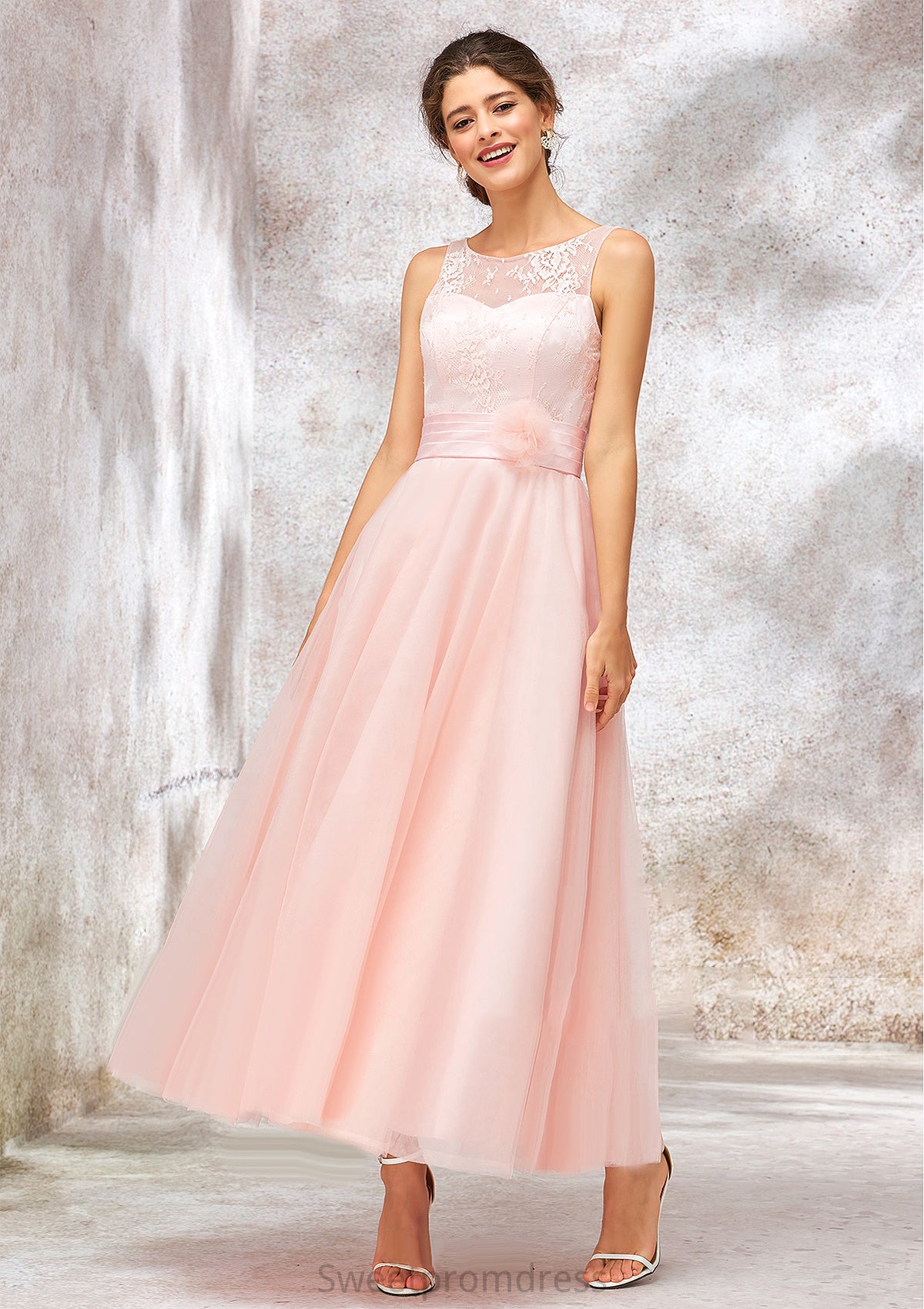 Bateau Sleeveless Tea-Length Tulle A-line/Princess Bridesmaid Dresses With Waistband Lace Shannon DHP0025403