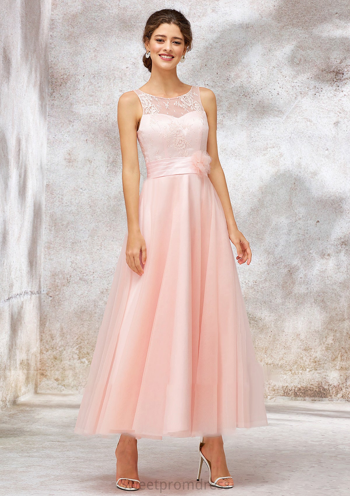 Bateau Sleeveless Tea-Length Tulle A-line/Princess Bridesmaid Dresses With Waistband Lace Shannon DHP0025403