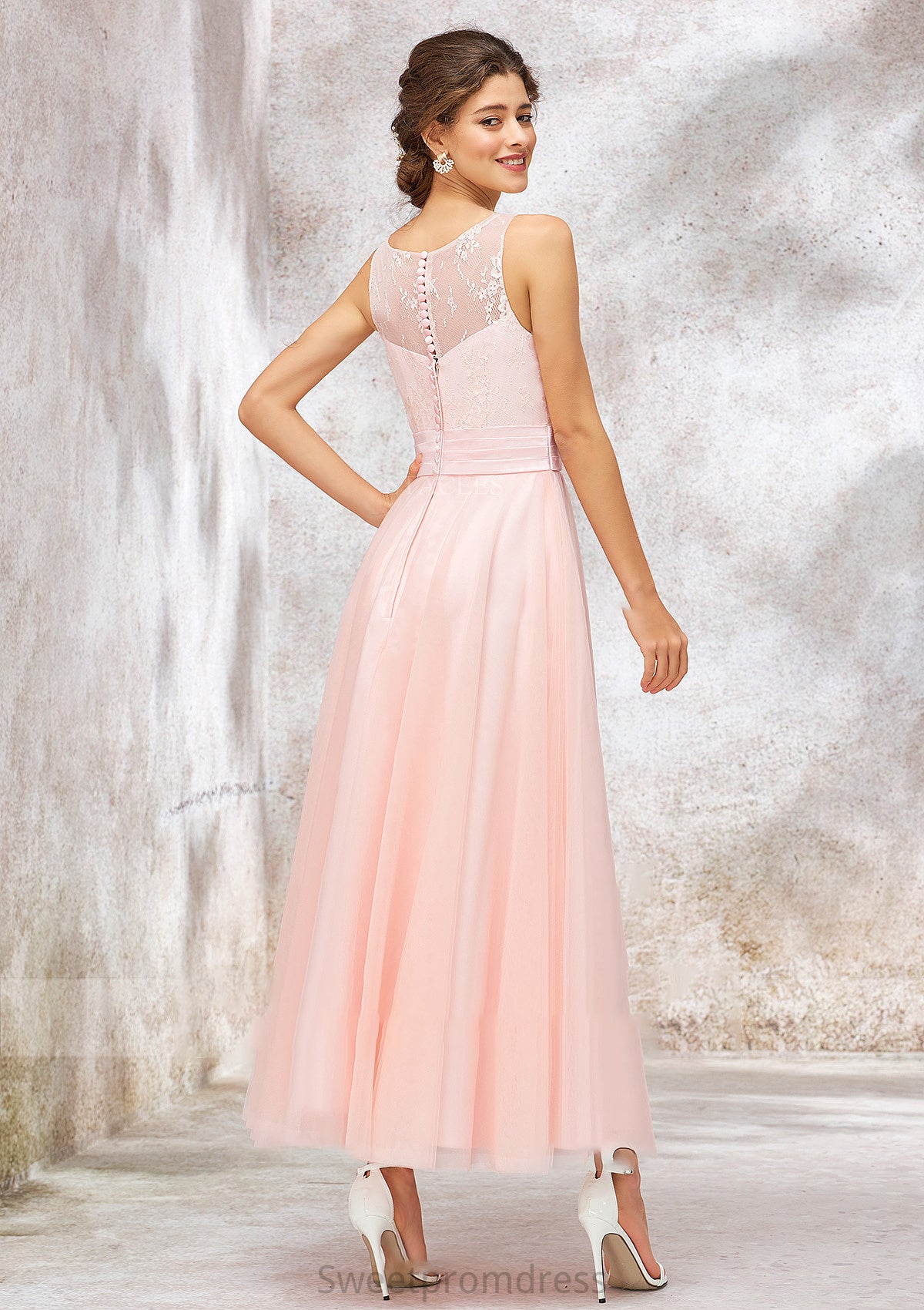 Bateau Sleeveless Tea-Length Tulle A-line/Princess Bridesmaid Dresses With Waistband Lace Shannon DHP0025403