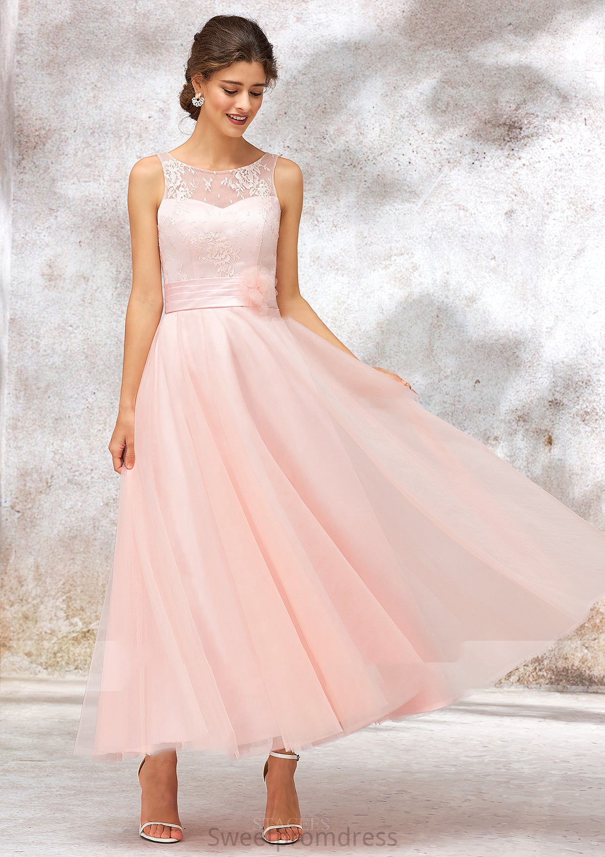 Bateau Sleeveless Tea-Length Tulle A-line/Princess Bridesmaid Dresses With Waistband Lace Shannon DHP0025403