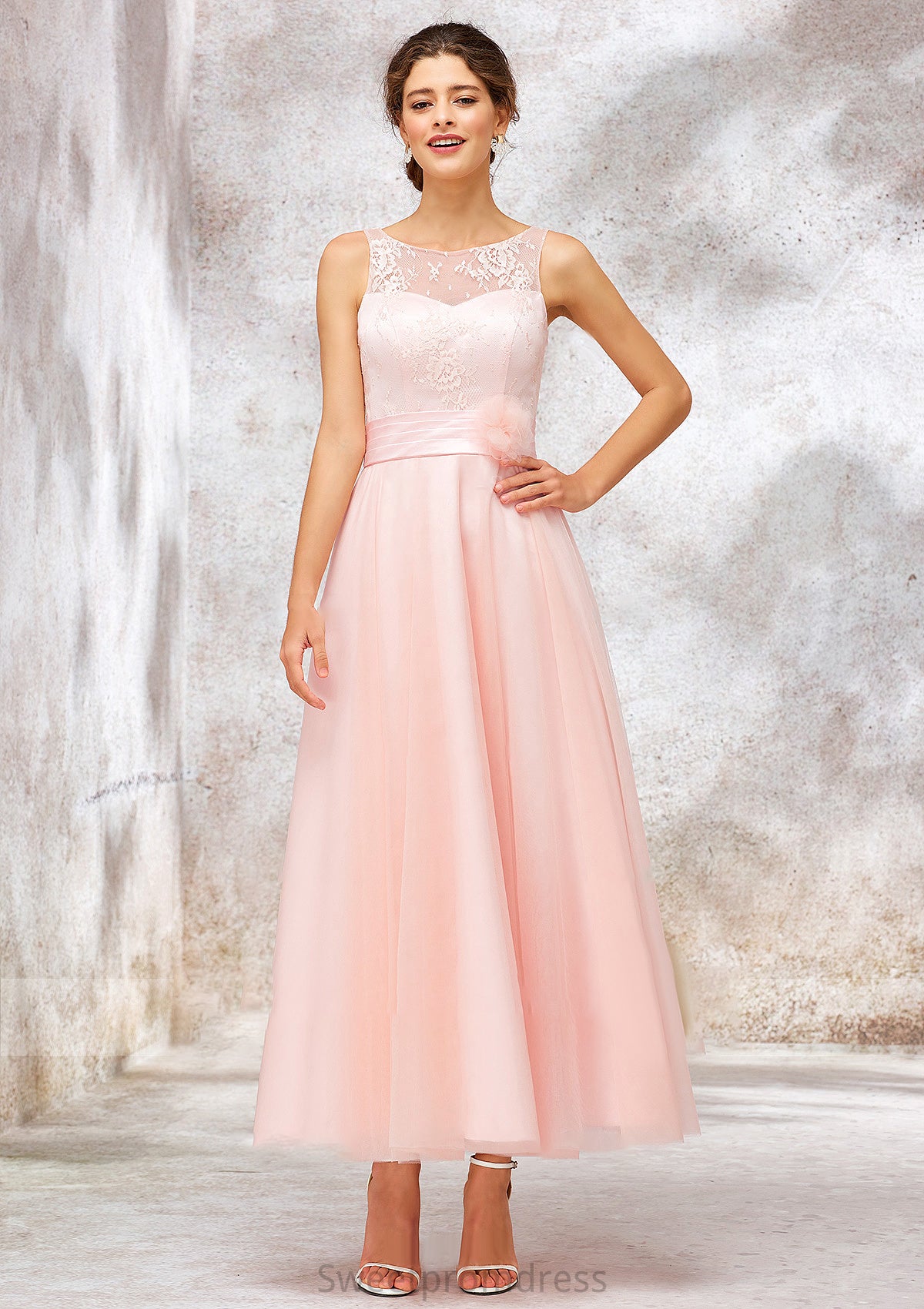 Bateau Sleeveless Tea-Length Tulle A-line/Princess Bridesmaid Dresses With Waistband Lace Shannon DHP0025403