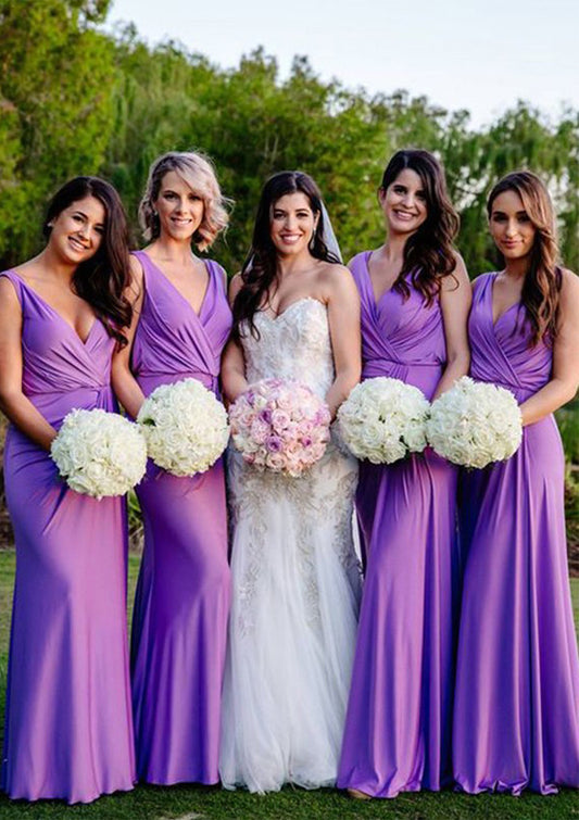 Sheath/Column V Neck Sleeveless Long/Floor-Length Jersey Bridesmaid Dresses With Pleated Theresa DHP0025404