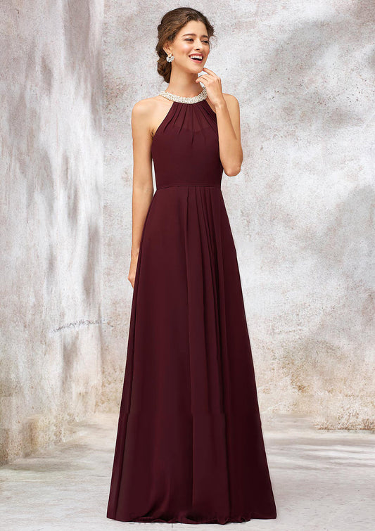 Sleeveless Scoop Neck Long/Floor-Length Chiffon A-line/Princess Bridesmaid Dresses With Pleated Beading Regina DHP0025406