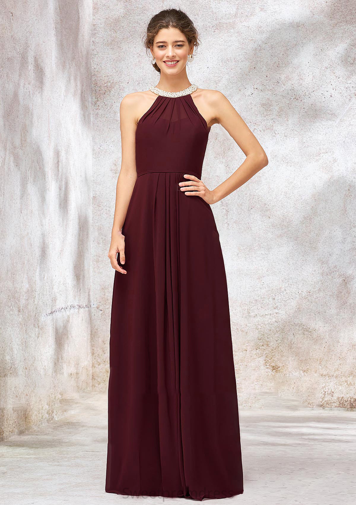 Sleeveless Scoop Neck Long/Floor-Length Chiffon A-line/Princess Bridesmaid Dresses With Pleated Beading Regina DHP0025406