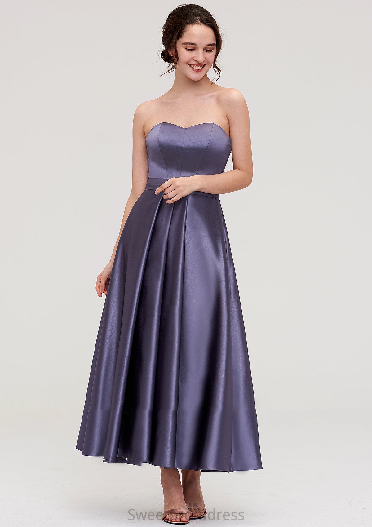 Sweetheart Sleeveless A-line/Princess Satin Ankle-Length Bridesmaid Dresses With Pleated Frederica DHP0025408