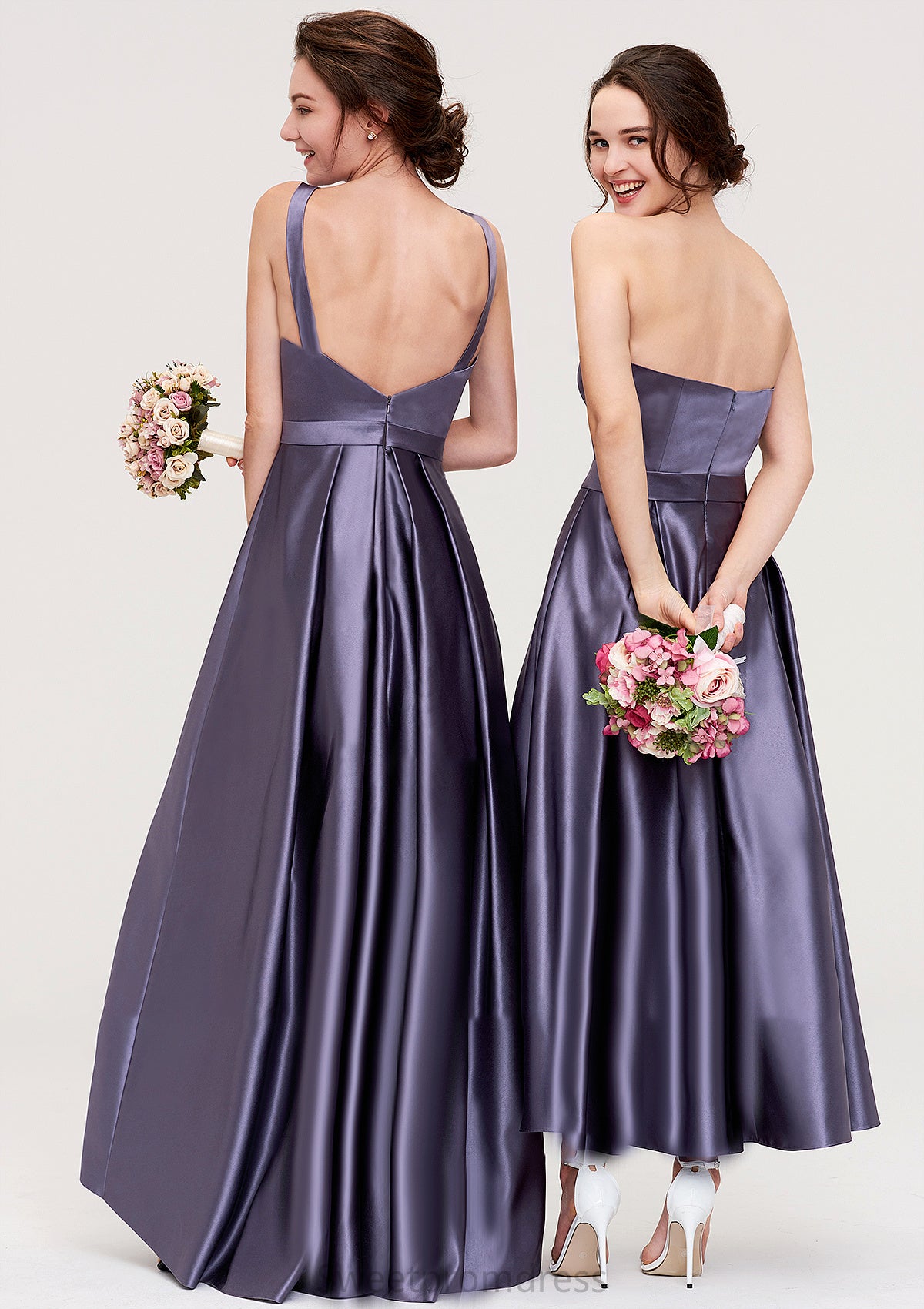 Sweetheart Sleeveless A-line/Princess Satin Ankle-Length Bridesmaid Dresses With Pleated Frederica DHP0025408