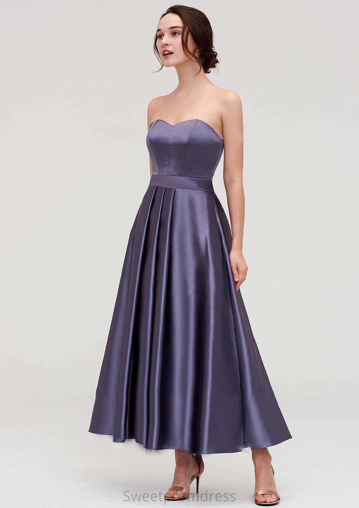 Sweetheart Sleeveless A-line/Princess Satin Ankle-Length Bridesmaid Dresses With Pleated Frederica DHP0025408