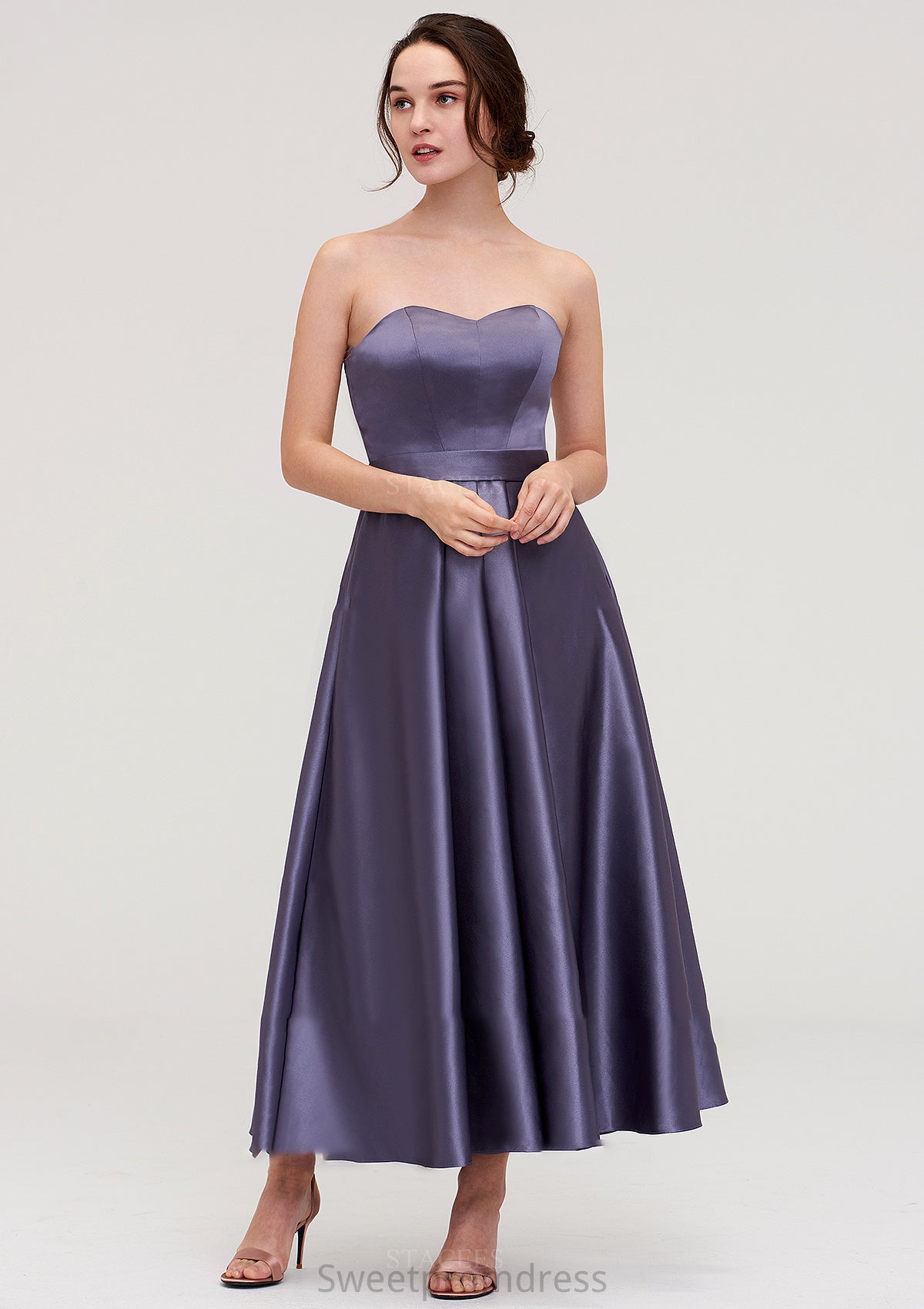 Sweetheart Sleeveless A-line/Princess Satin Ankle-Length Bridesmaid Dresses With Pleated Frederica DHP0025408