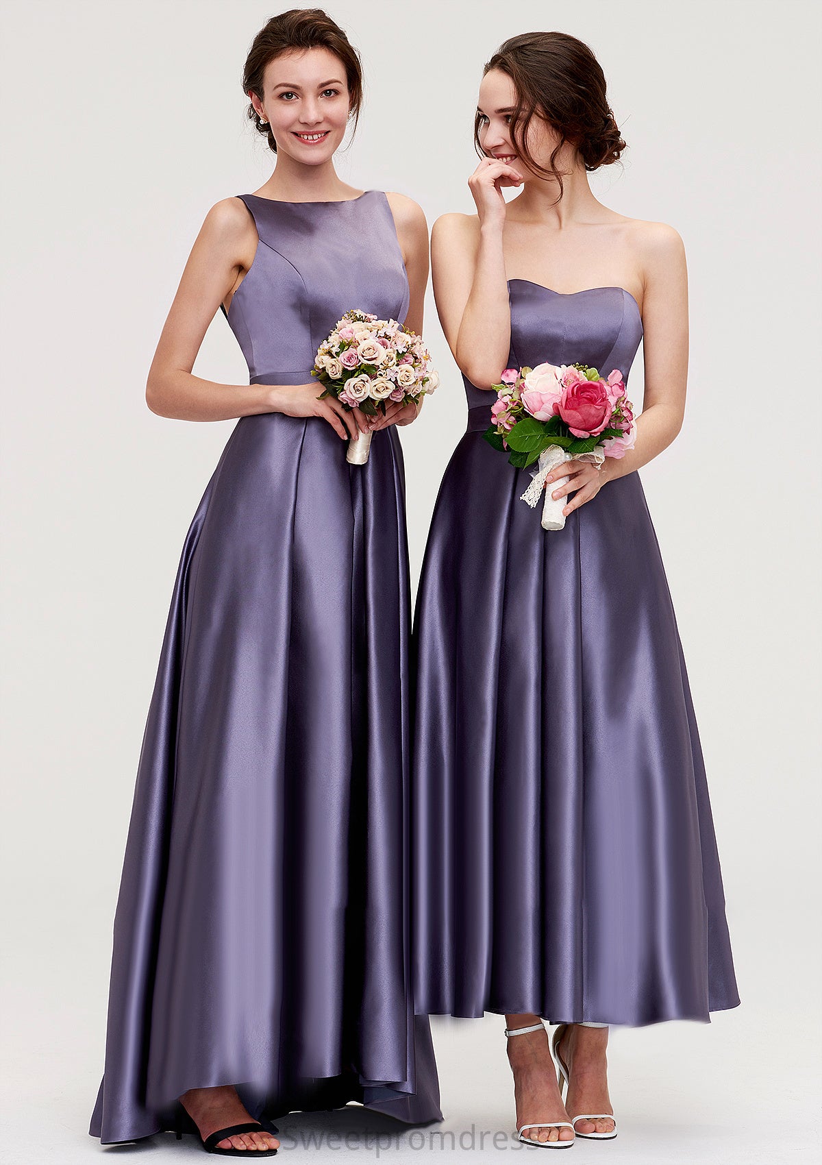 Sleeveless Bateau Ankle-Length Satin A-line/Princess Bridesmaid Dresses With Pleated Ginny DHP0025409