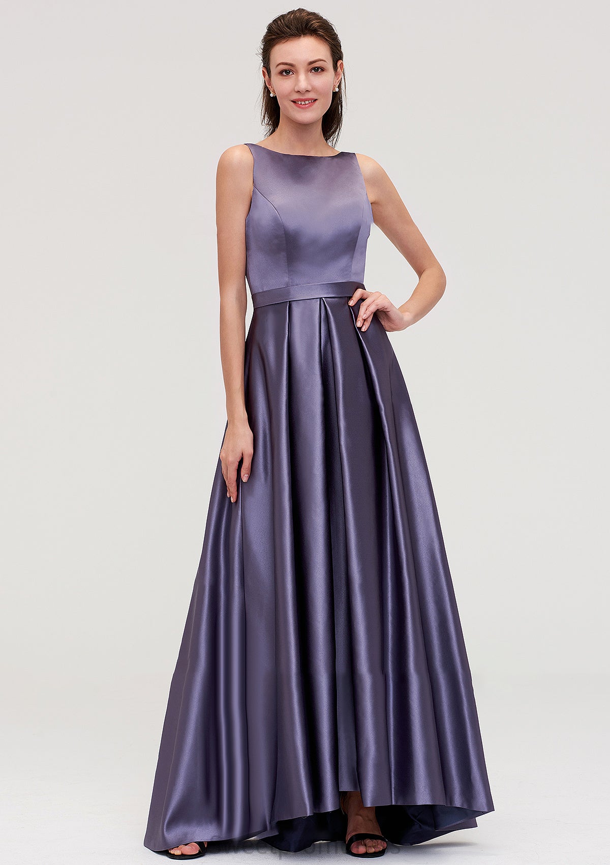 Sleeveless Bateau Ankle-Length Satin A-line/Princess Bridesmaid Dresses With Pleated Ginny DHP0025409