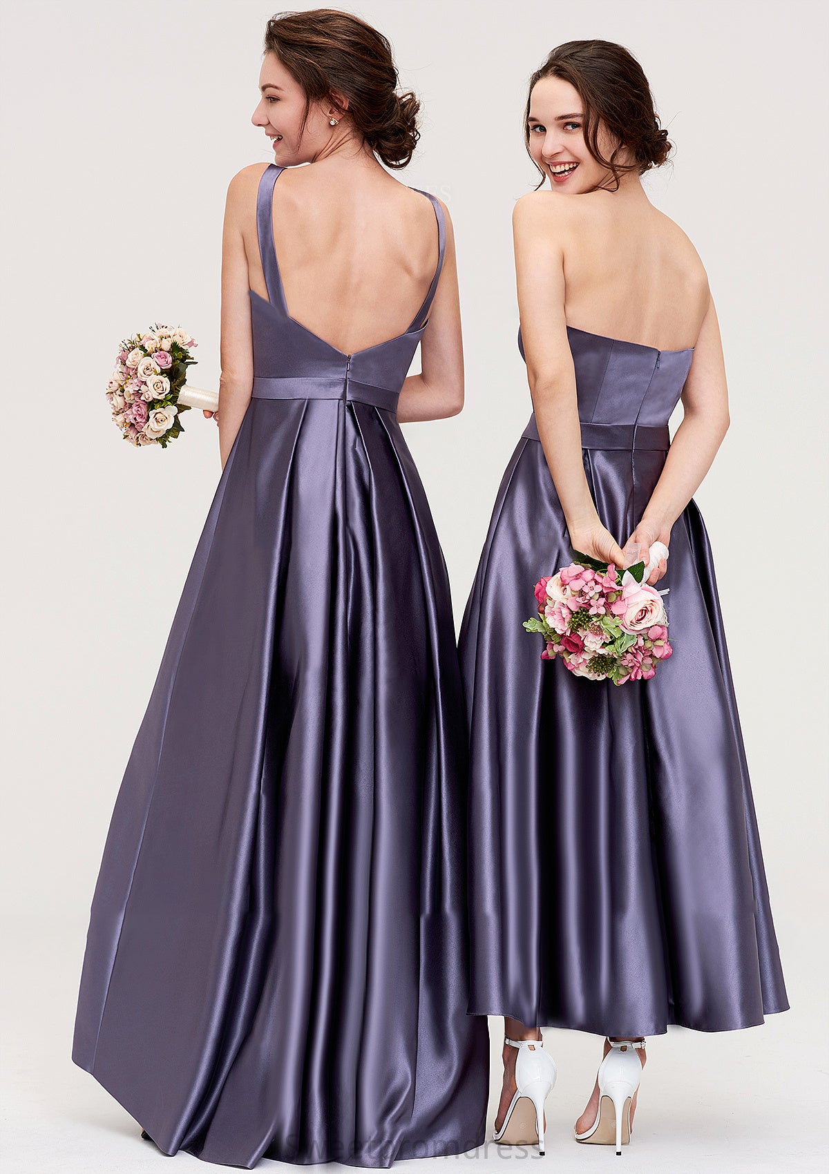 Sleeveless Bateau Ankle-Length Satin A-line/Princess Bridesmaid Dresses With Pleated Ginny DHP0025409