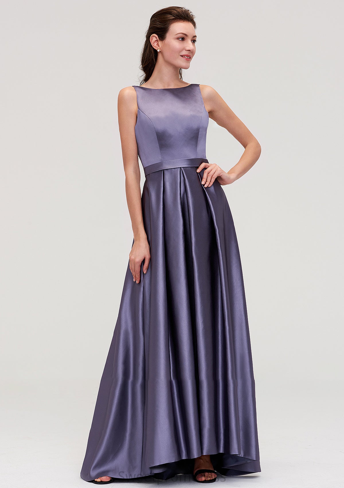 Sleeveless Bateau Ankle-Length Satin A-line/Princess Bridesmaid Dresses With Pleated Ginny DHP0025409