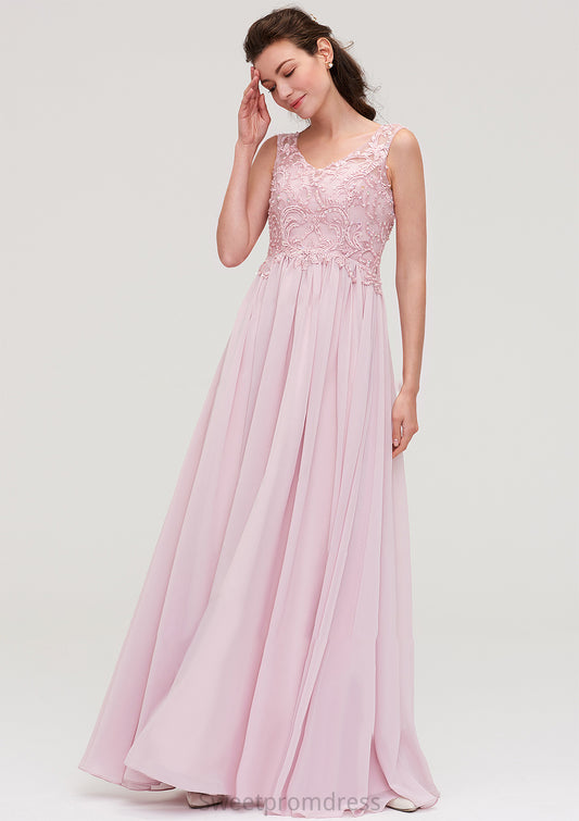 Sleeveless V Neck A-line/Princess Chiffon Long/Floor-Length Bridesmaid Dresseses With Beading Appliqued Kathryn DHP0025410