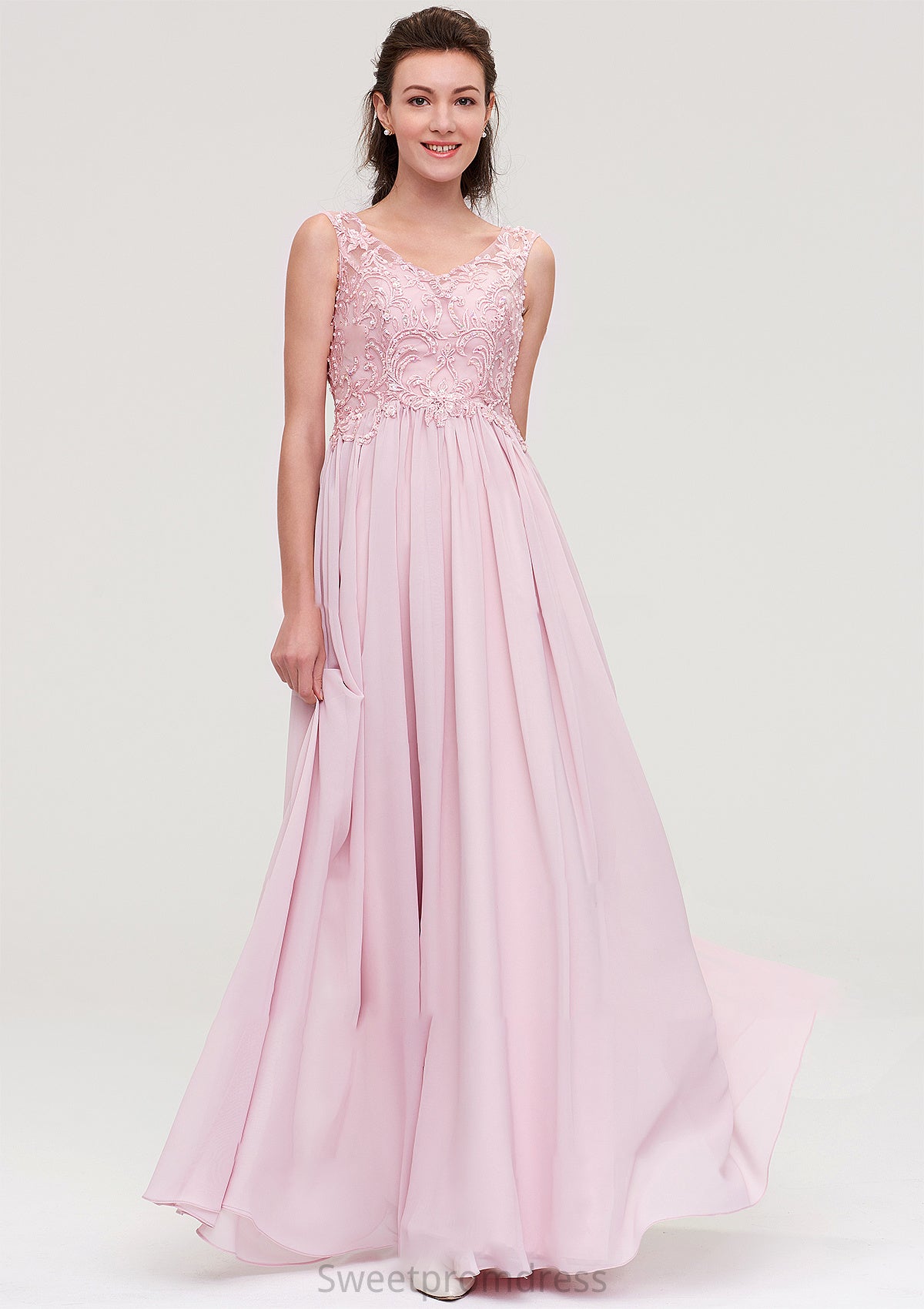 Sleeveless V Neck A-line/Princess Chiffon Long/Floor-Length Bridesmaid Dresseses With Beading Appliqued Kathryn DHP0025410