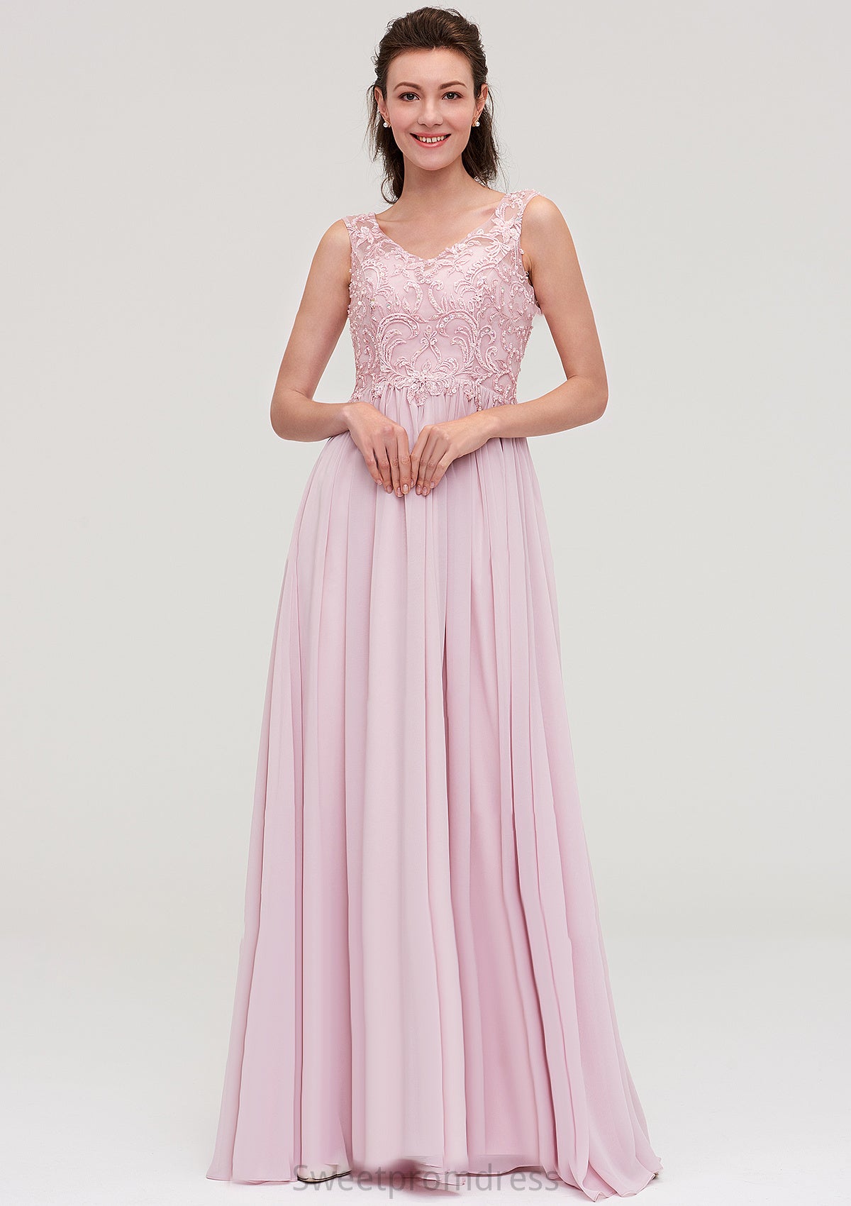 Sleeveless V Neck A-line/Princess Chiffon Long/Floor-Length Bridesmaid Dresseses With Beading Appliqued Kathryn DHP0025410