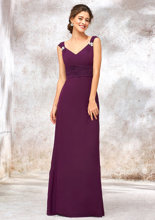 V Neck Sleeveless Long/Floor-Length Sheath/Column Chiffon Bridesmaid Dresses With Sashes Pleated Beading Alana DHP0025412