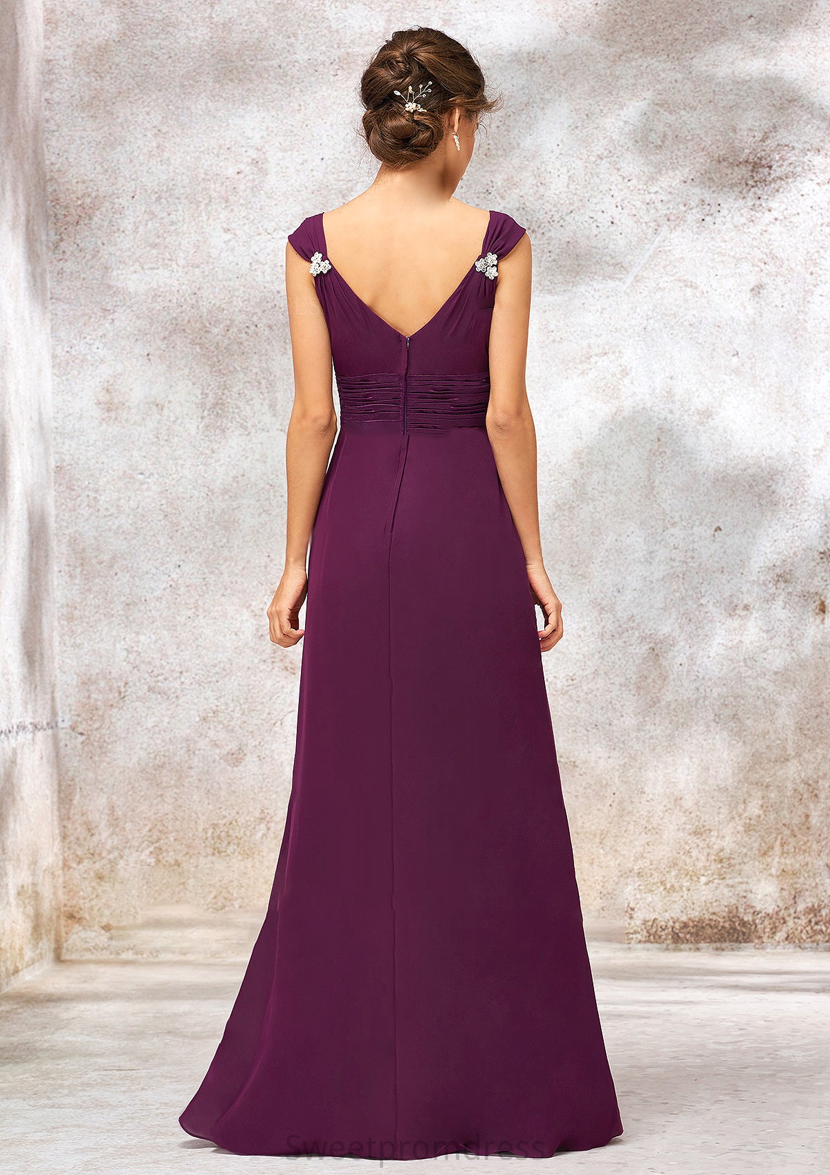 V Neck Sleeveless Long/Floor-Length Sheath/Column Chiffon Bridesmaid Dresses With Sashes Pleated Beading Alana DHP0025412