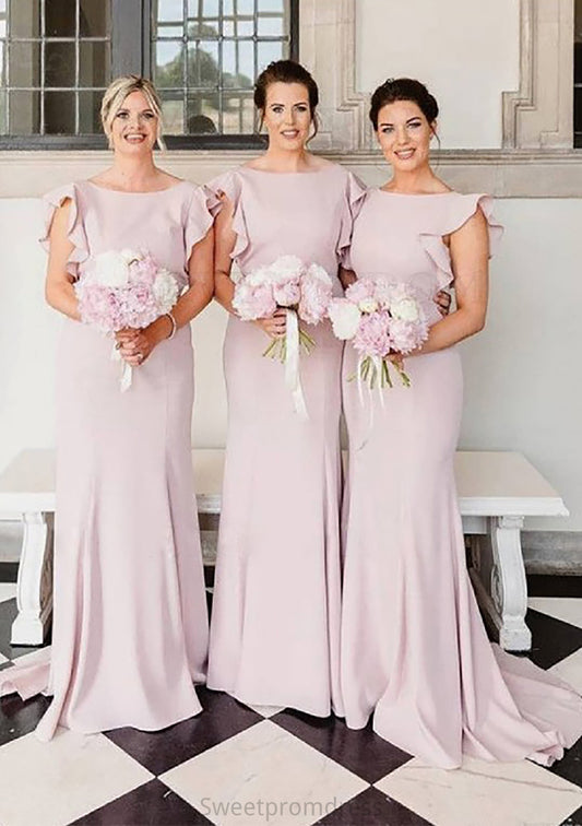 Sheath/Column Scoop Neck Sleeveless Sweep Train Elastic Satin Bridesmaid Dresses With Ruffles Ashlee DHP0025415