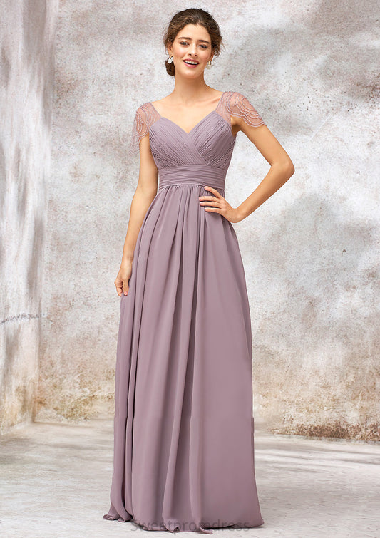 V Neck Long/Floor-Length Chiffon A-line/Princess Bridesmaid Dresses With Pleated Beading Lexi DHP0025416