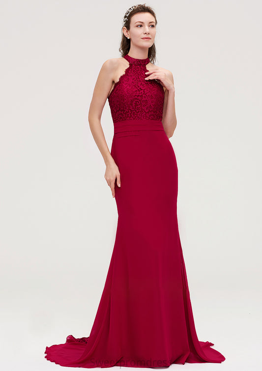 Sleeveless Scoop Neck Court Train Trumpet/Mermaid Chiffon Bridesmaid Dresseses With Lace Monique DHP0025417