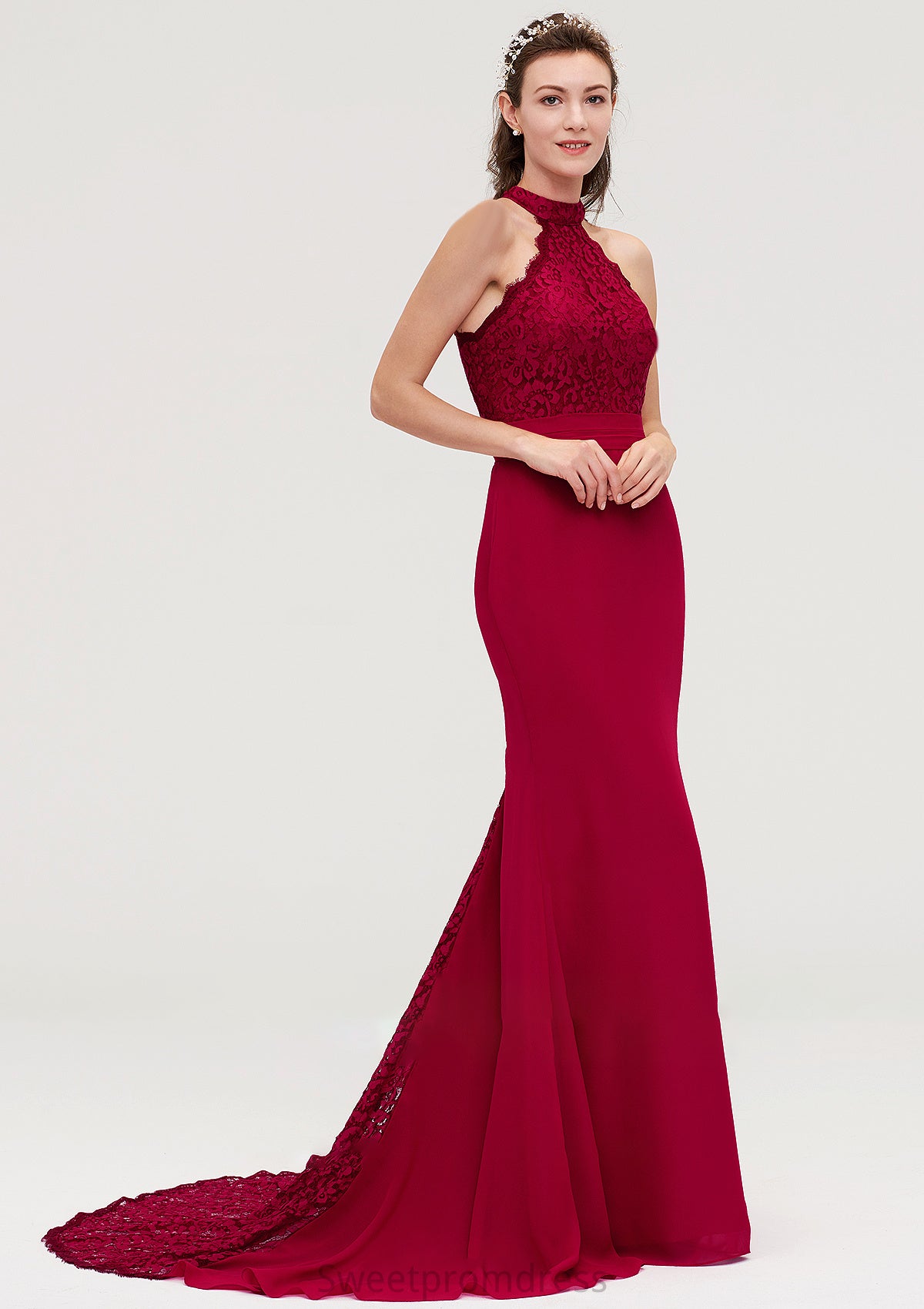 Sleeveless Scoop Neck Court Train Trumpet/Mermaid Chiffon Bridesmaid Dresseses With Lace Monique DHP0025417