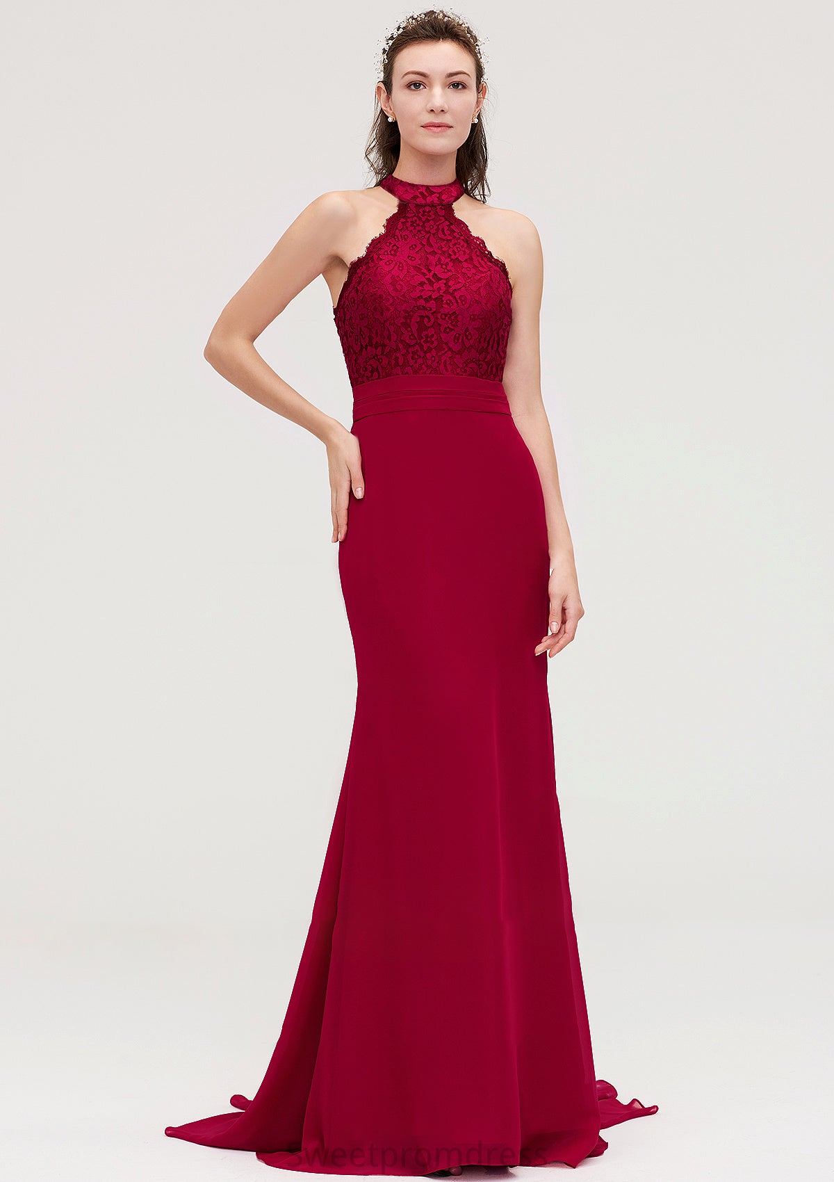 Sleeveless Scoop Neck Court Train Trumpet/Mermaid Chiffon Bridesmaid Dresseses With Lace Monique DHP0025417