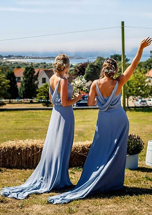 A-line V Neck Sleeveless Court Train Chiffon Bridesmaid Dresses With Pleated Cristal DHP0025419