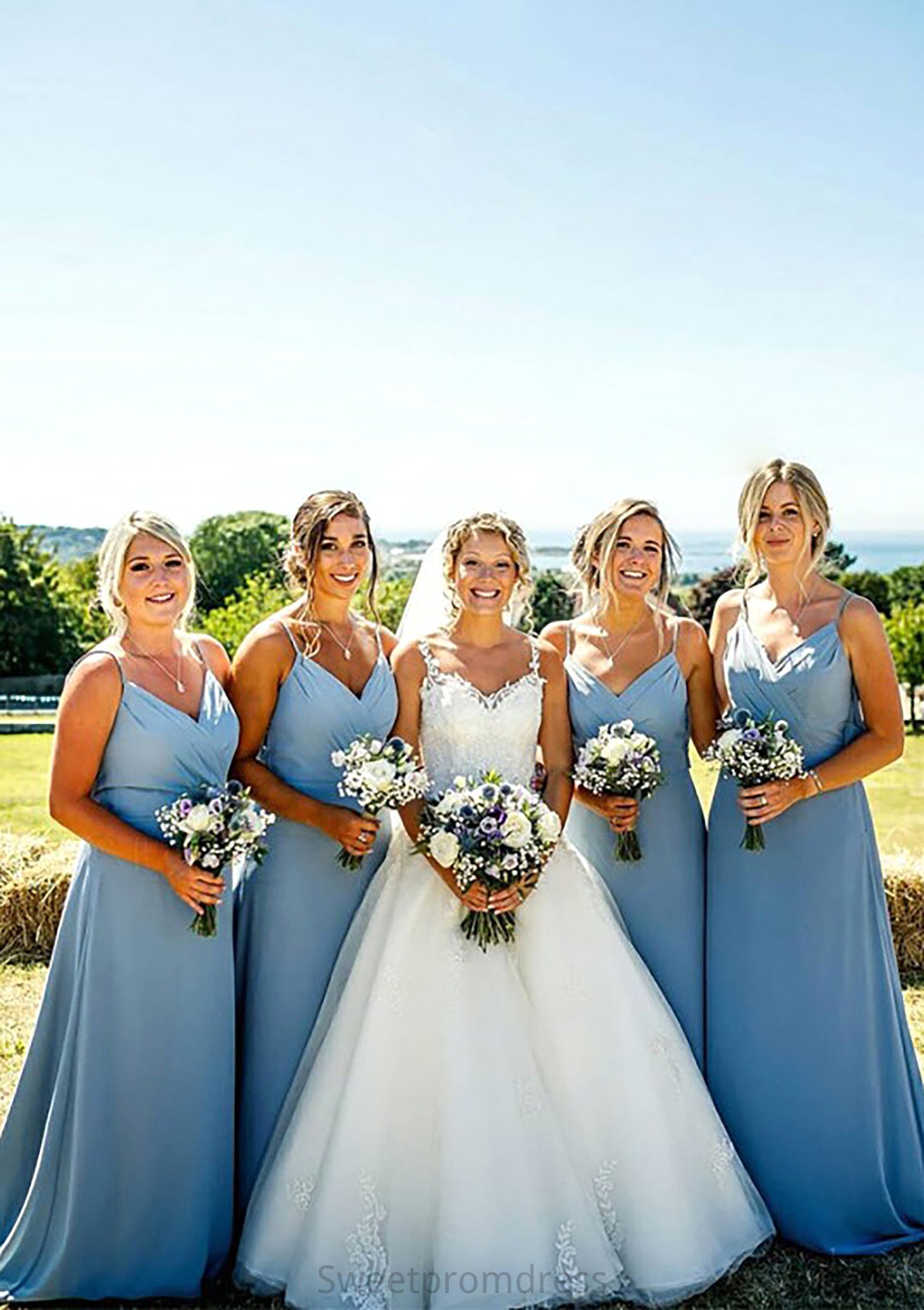 A-line V Neck Sleeveless Court Train Chiffon Bridesmaid Dresses With Pleated Cristal DHP0025419