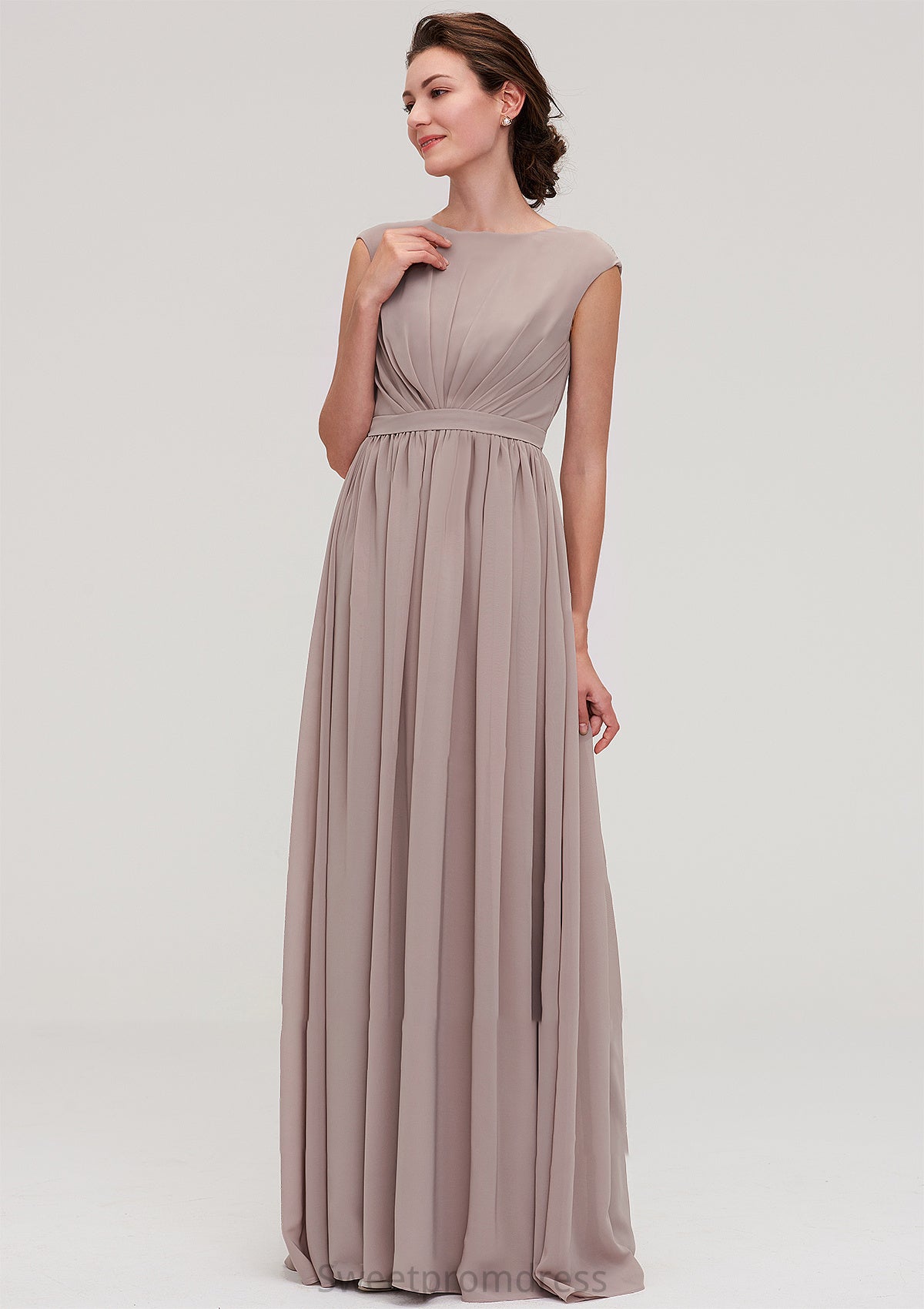 Bateau Sleeveless A-line/Princess Chiffon Long/Floor-Length Bridesmaid Dresses With Pleated Leanna DHP0025420