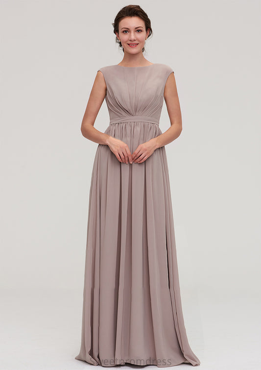 Bateau Sleeveless A-line/Princess Chiffon Long/Floor-Length Bridesmaid Dresses With Pleated Leanna DHP0025420