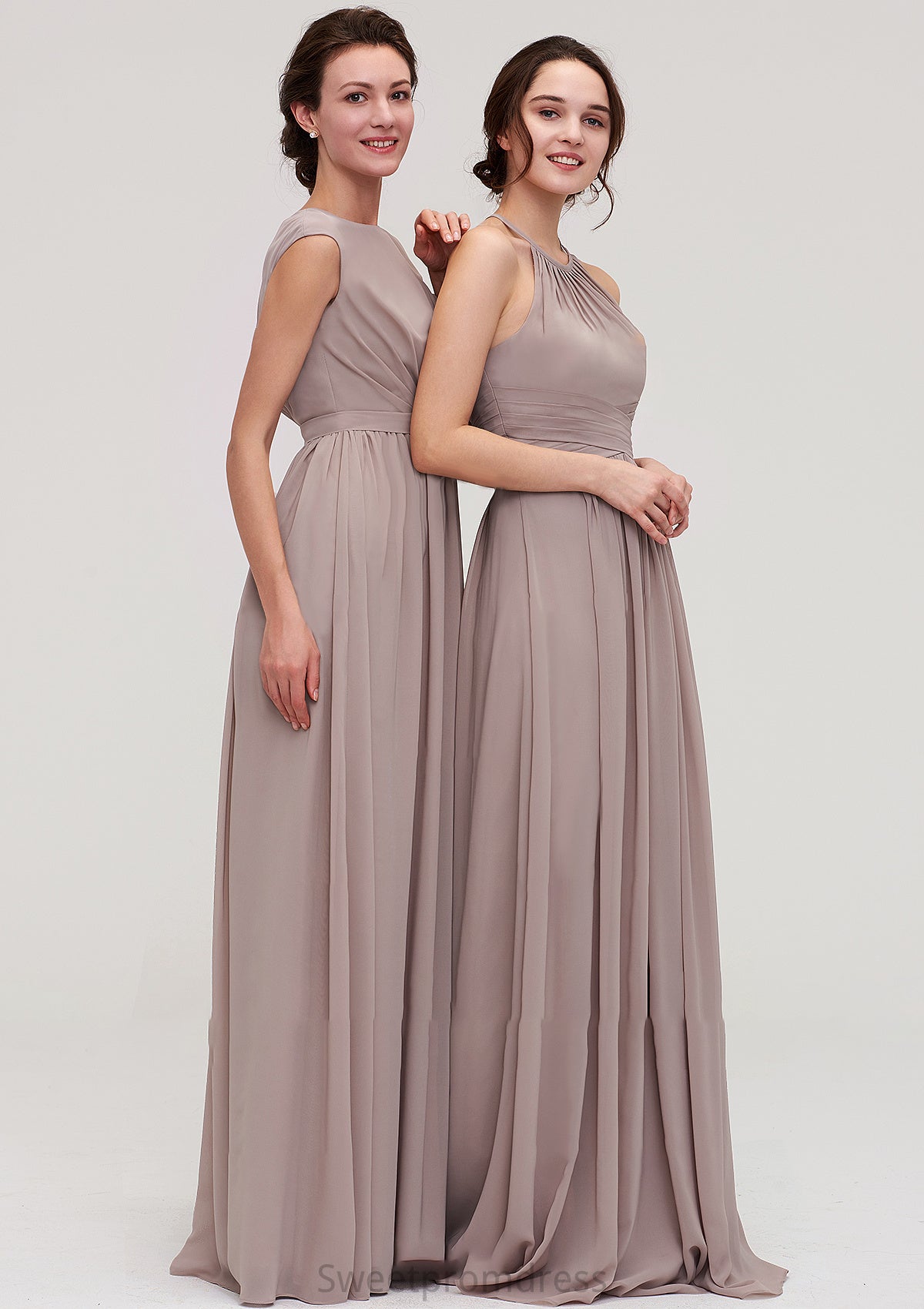 Bateau Sleeveless A-line/Princess Chiffon Long/Floor-Length Bridesmaid Dresses With Pleated Leanna DHP0025420